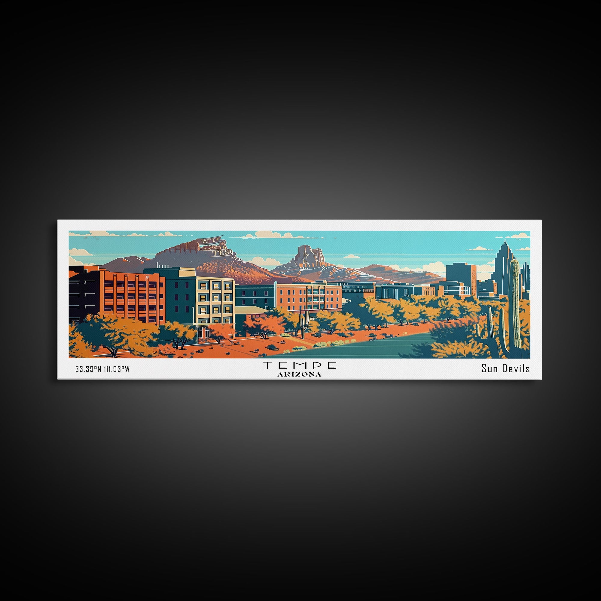 Tempe Arizona Panoramic Painting, Mid Century Modern Framed Canvas Print, Retro Pop Art Travel Poster, Cityscape, Home Decor, Office Wall Art