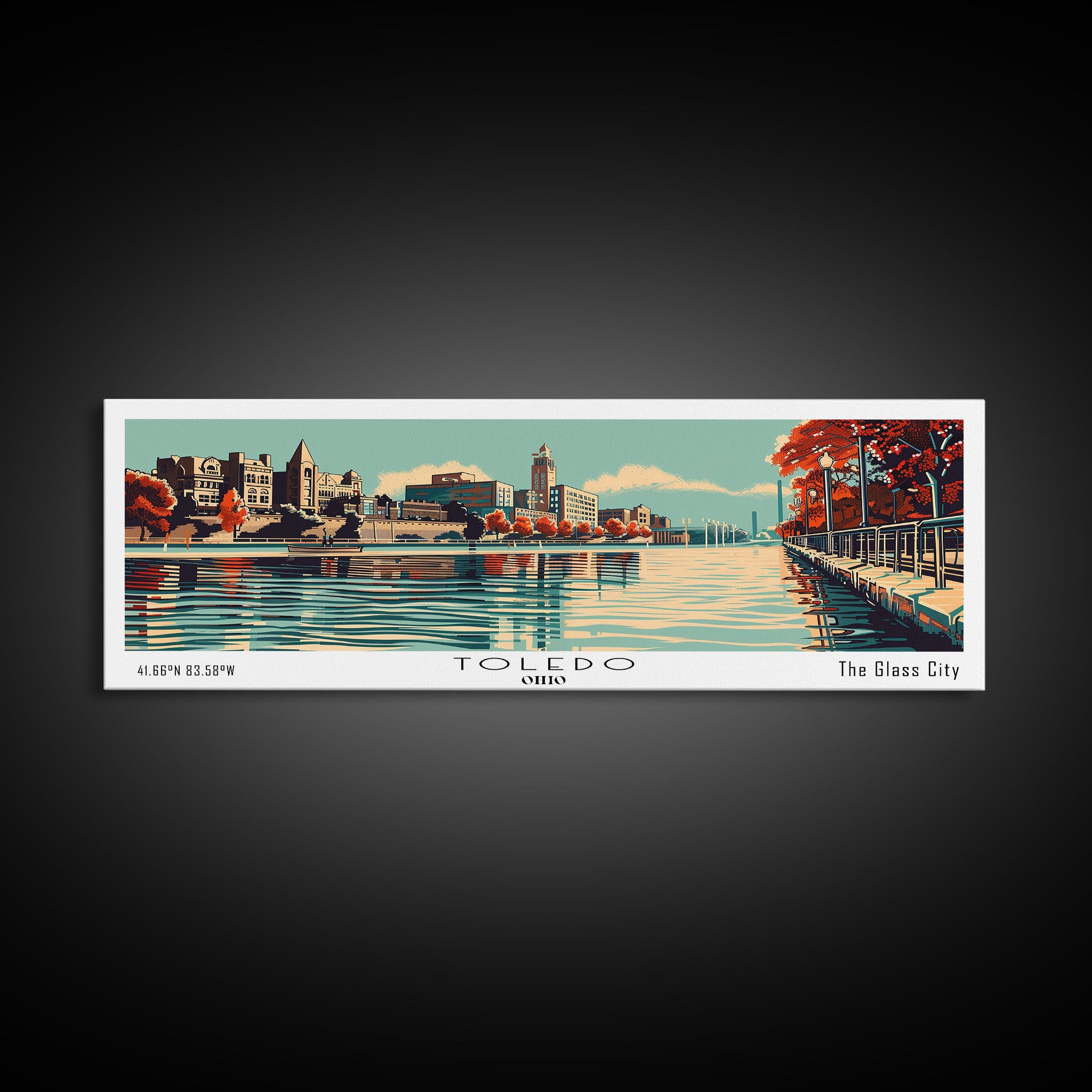 Toledo Ohio Panoramic Wall Art, Mid Century Modern Framed Canvas Print, Retro Pop Art Cityscape, Travel Poster, Living Room Decor