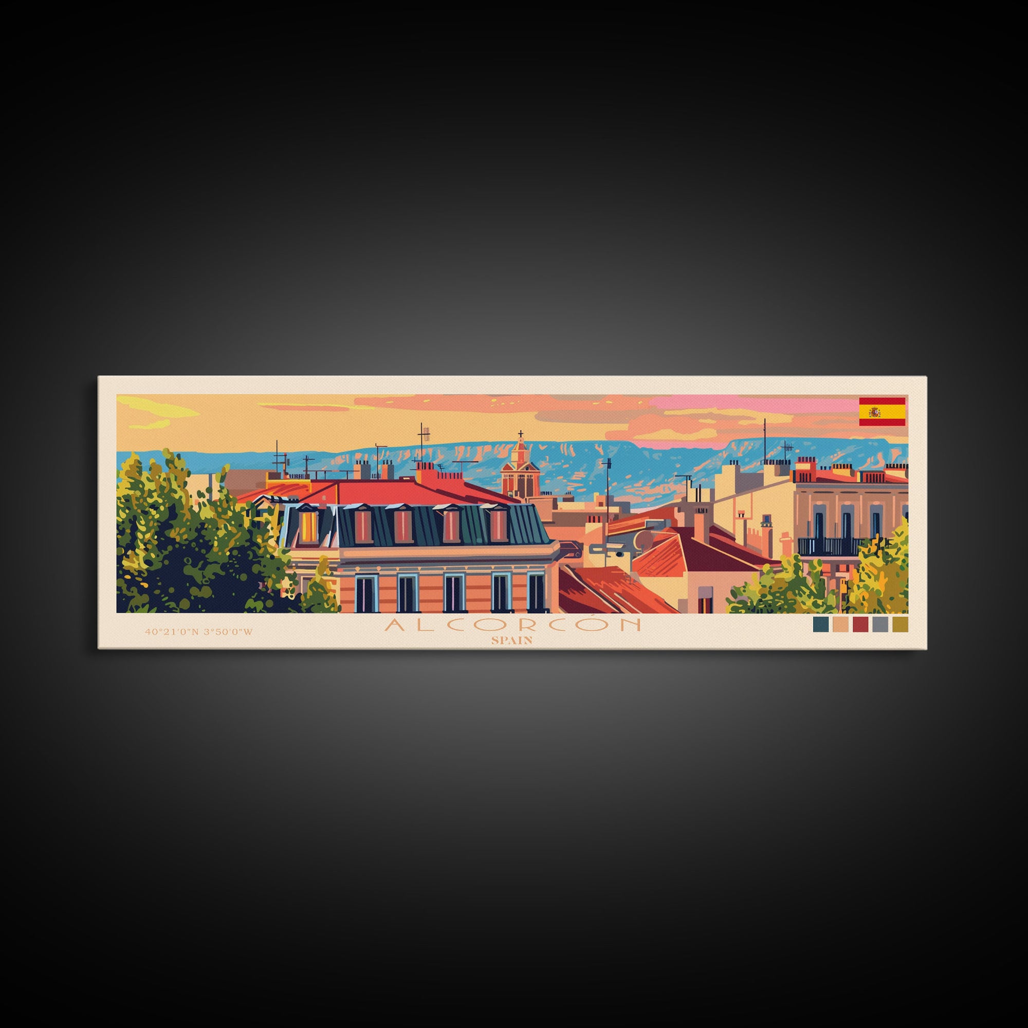 Alcorcón Spain Panoramic Travel Poster, Framed Canvas Print or Metal Wall Art, Travel Art, Home Decor, Panoramic Painting, Midcentury Art