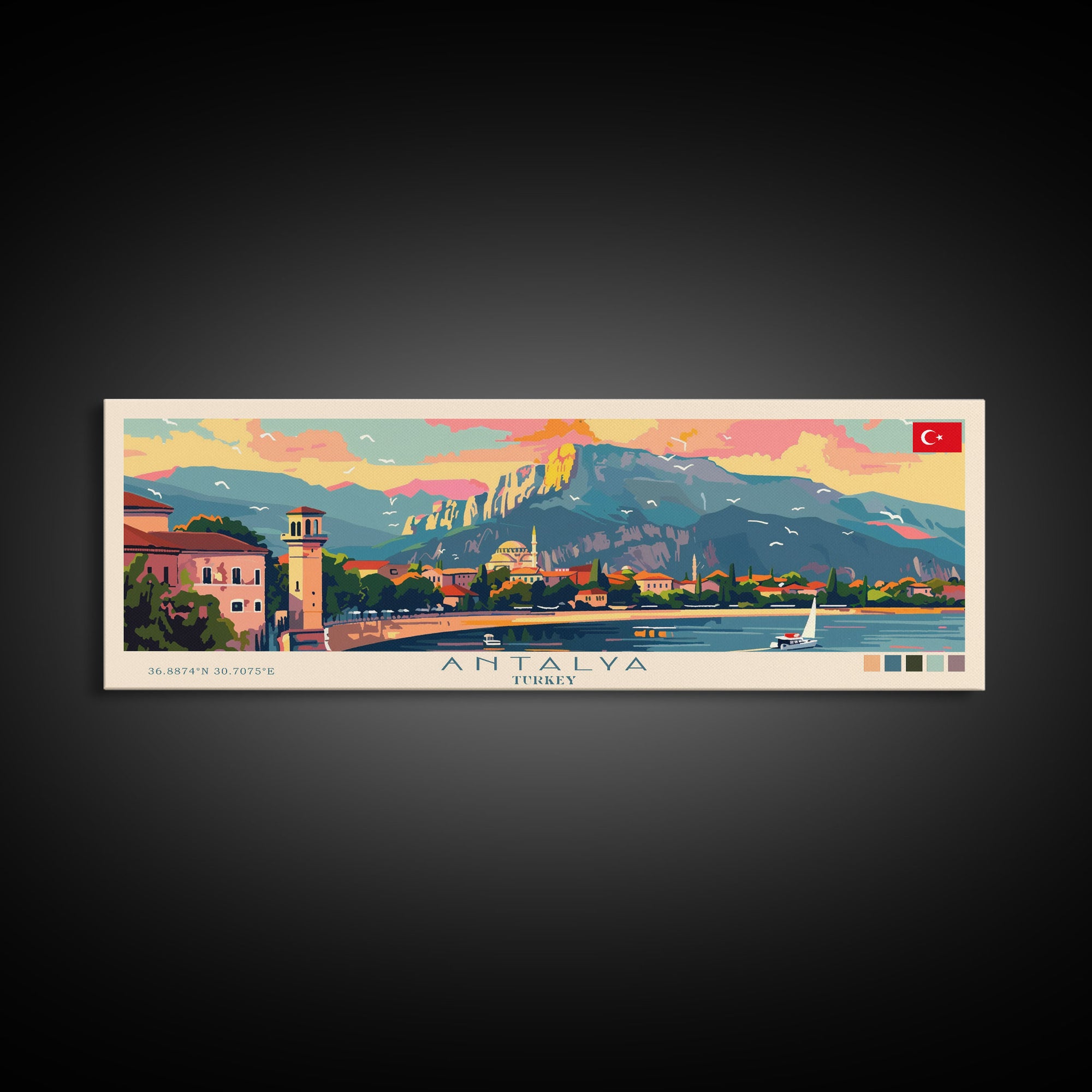 Antalya Turkey Panoramic Travel Poster, Framed Canvas Print or Metal Wall Art, Travel Art, Home Decor, Panoramic Painting, Midcentury Art