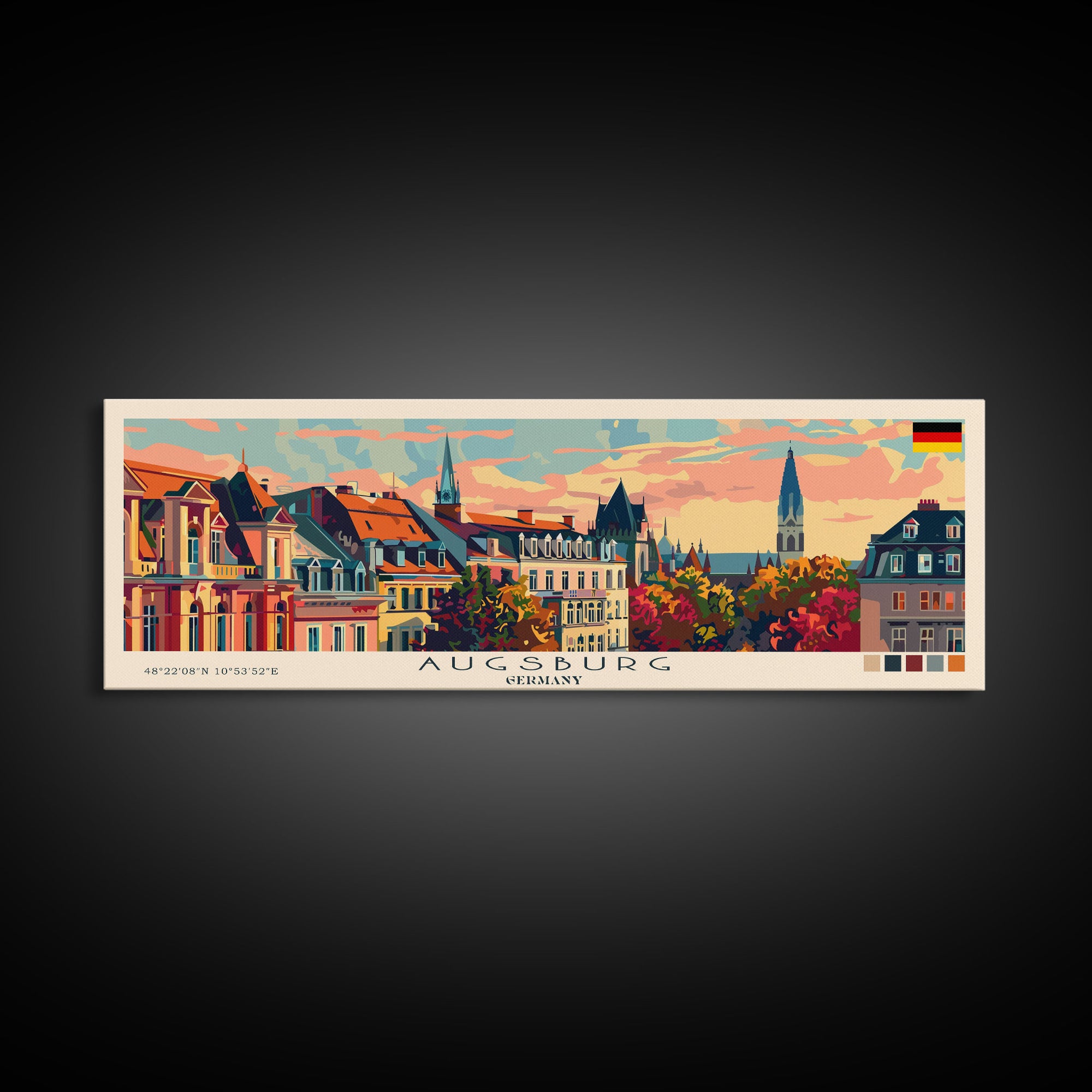 Augsburg Germany Panoramic Travel Poster, Framed Canvas Print or Metal Wall Art, Travel Art, Home Decor, Panoramic Painting, Midcentury Art