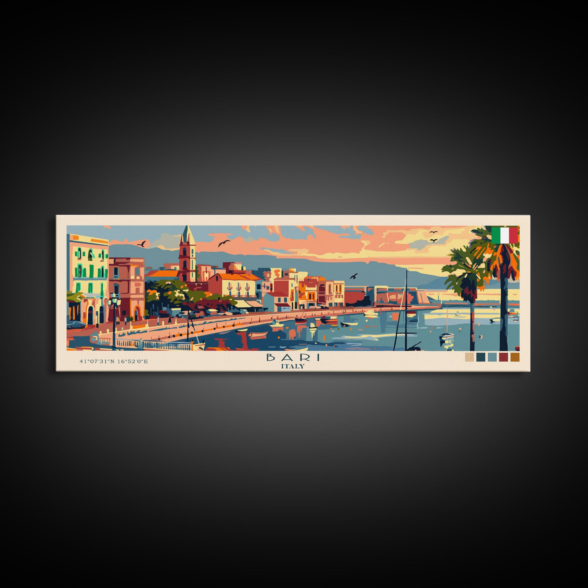 Bari Italy Travel Art, City Art, Framed Canvas Print or Metal Wall Art, Europe Travel Poster, Panoramic Wall Art, Extra Wide Wall Art