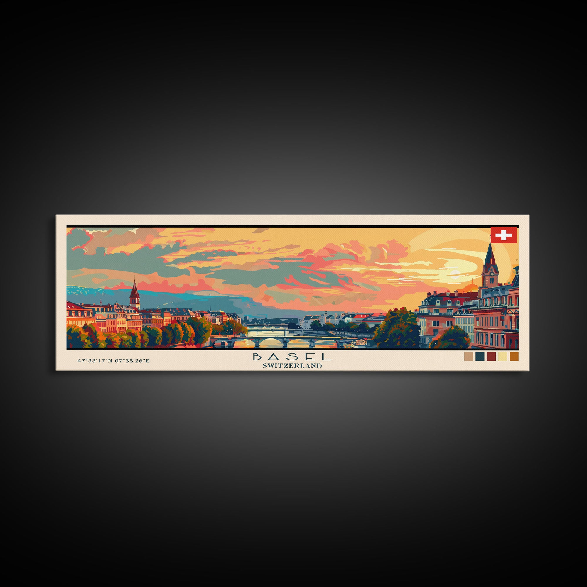 Basel SwitzerlandTravel Art, City Art, Framed Canvas Print or Metal Wall Art, Europe Travel Poster, Panoramic Wall Art, Extra Wide Wall Art