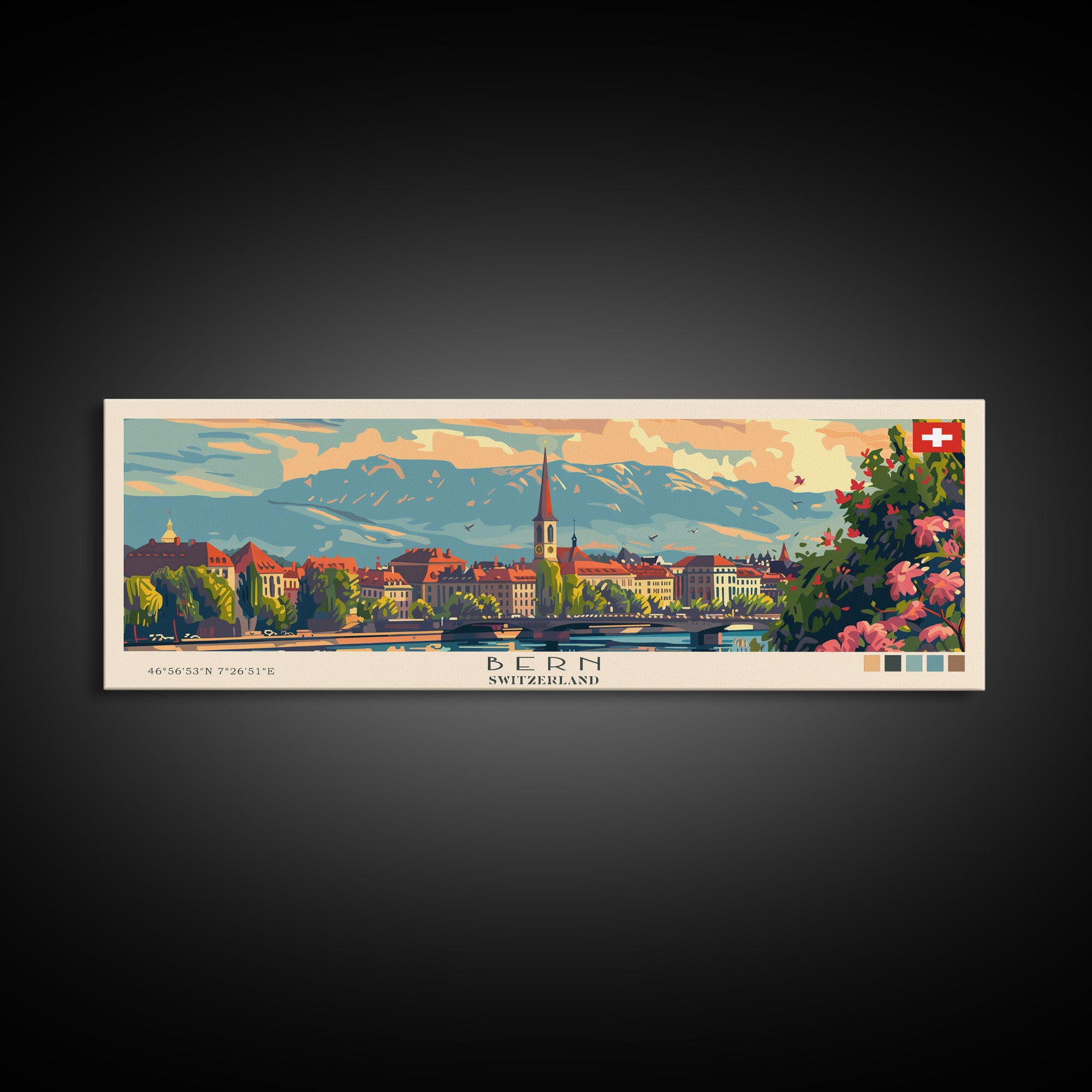 Bern Switzerland Travel Art, City Art, Framed Canvas Print or Metal Wall Art, Europe Travel Poster, Panoramic Wall Art, Extra Wide Wall Art