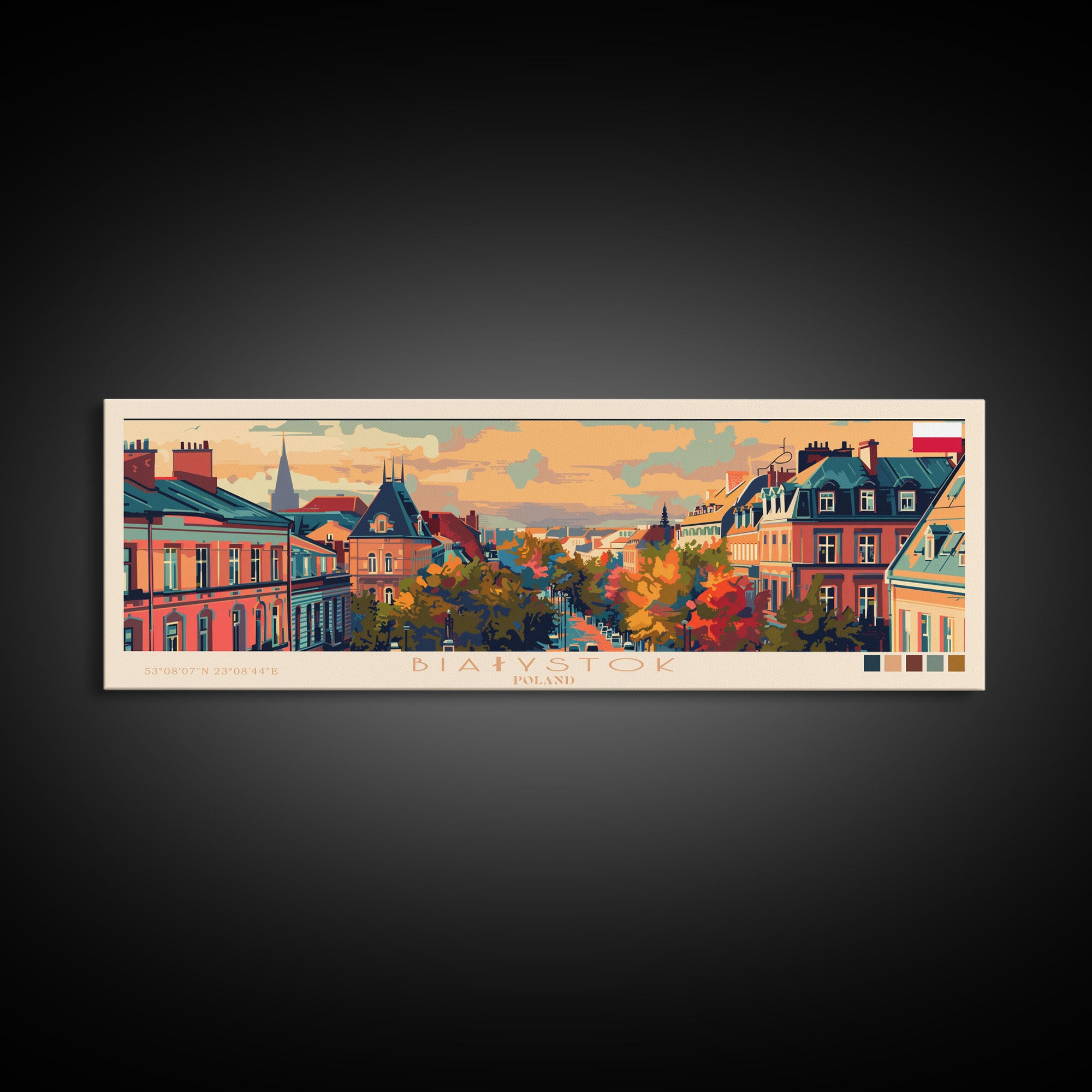 Bialystok Poland Panoramic Travel Poster, Framed Canvas Print or Metal Wall Art, Travel Art, Home Decor, Panoramic Painting, Midcentury Art