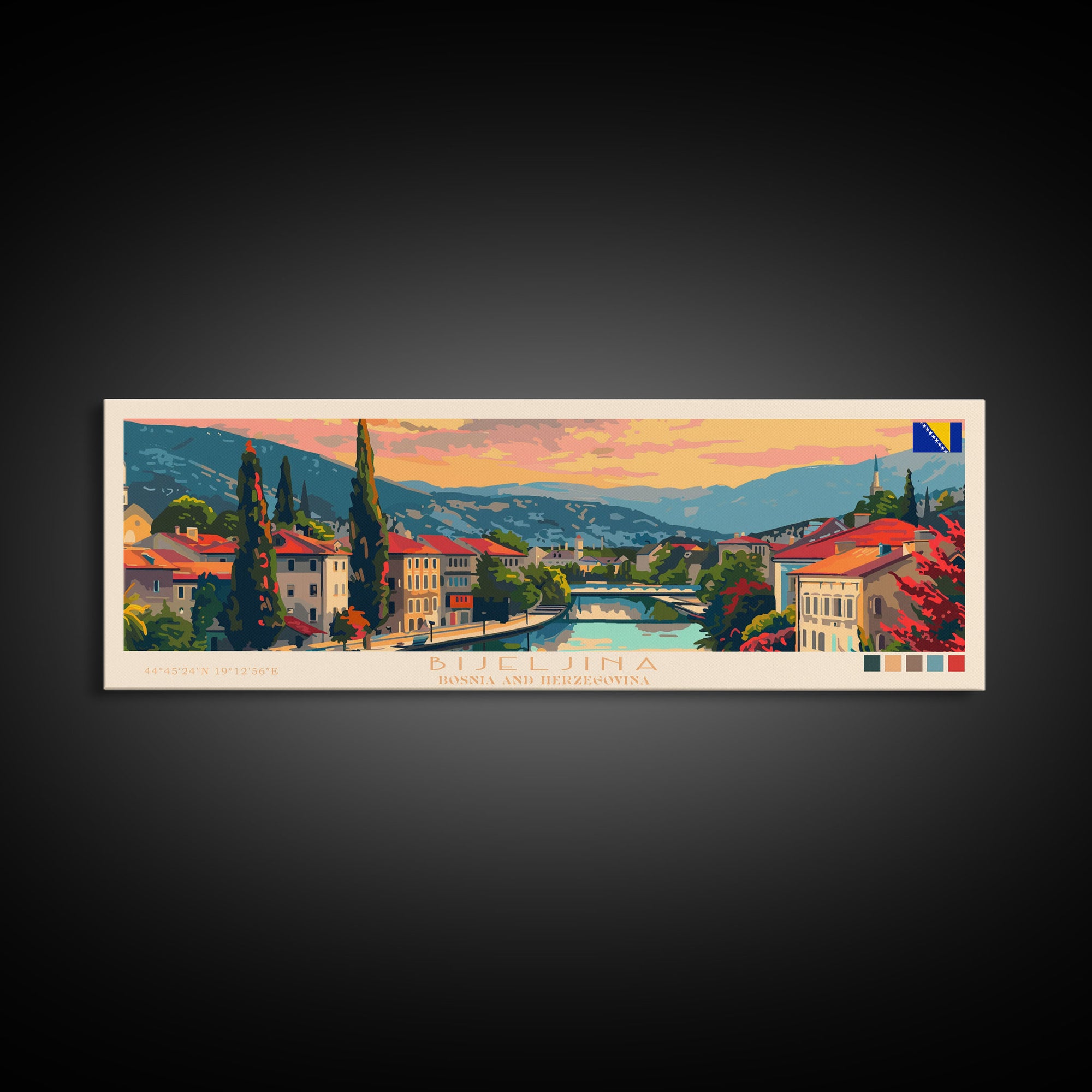 Bijeljina Bosnia Panoramic Travel Poster, Framed Canvas Print or Metal Wall Art, Travel Art, Home Decor, Panoramic Painting, Midcentury Art