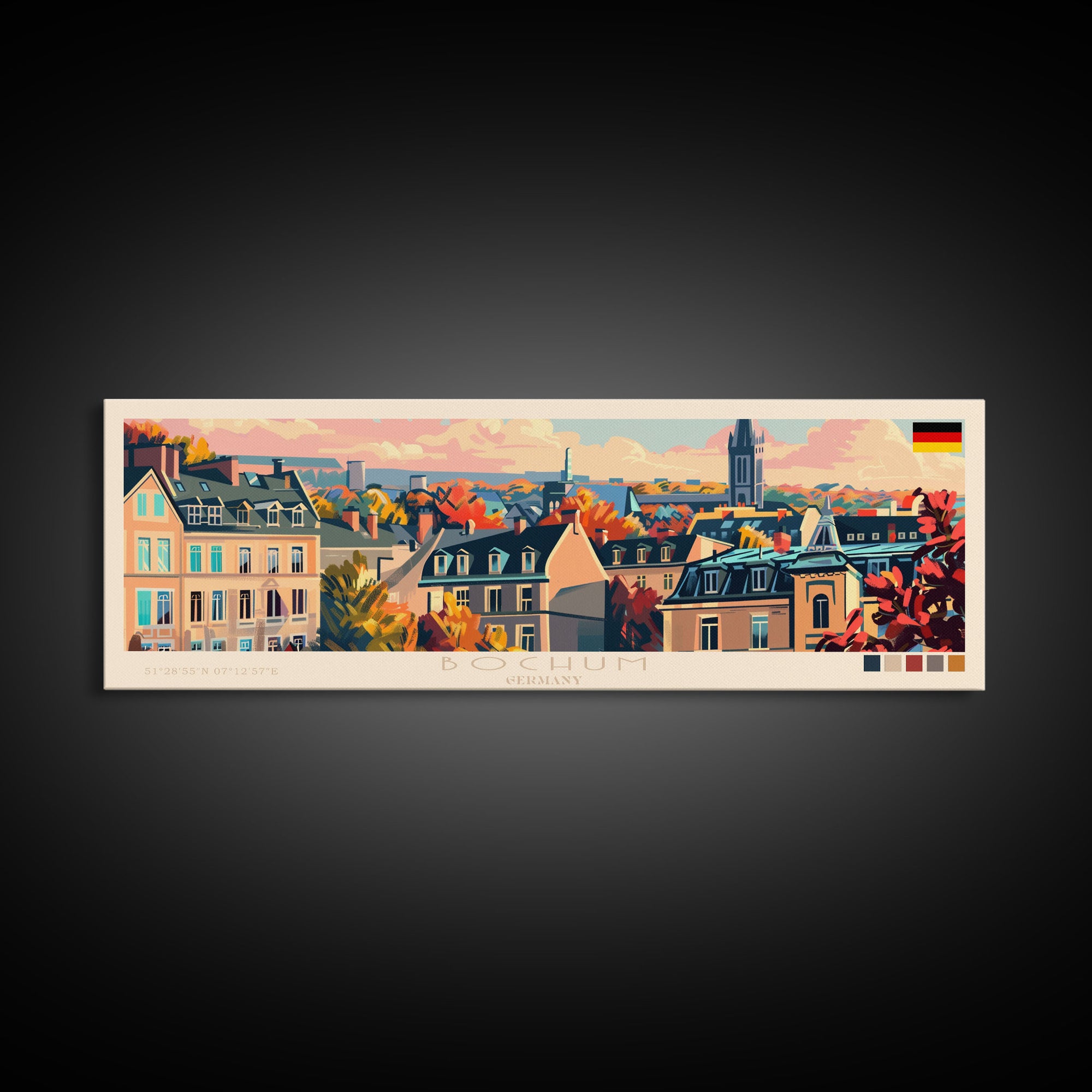 Bochum Germany Panoramic Travel Poster, Framed Canvas Print or Metal Wall Art, Travel Art, Home Decor, Panoramic Painting, Midcentury Art