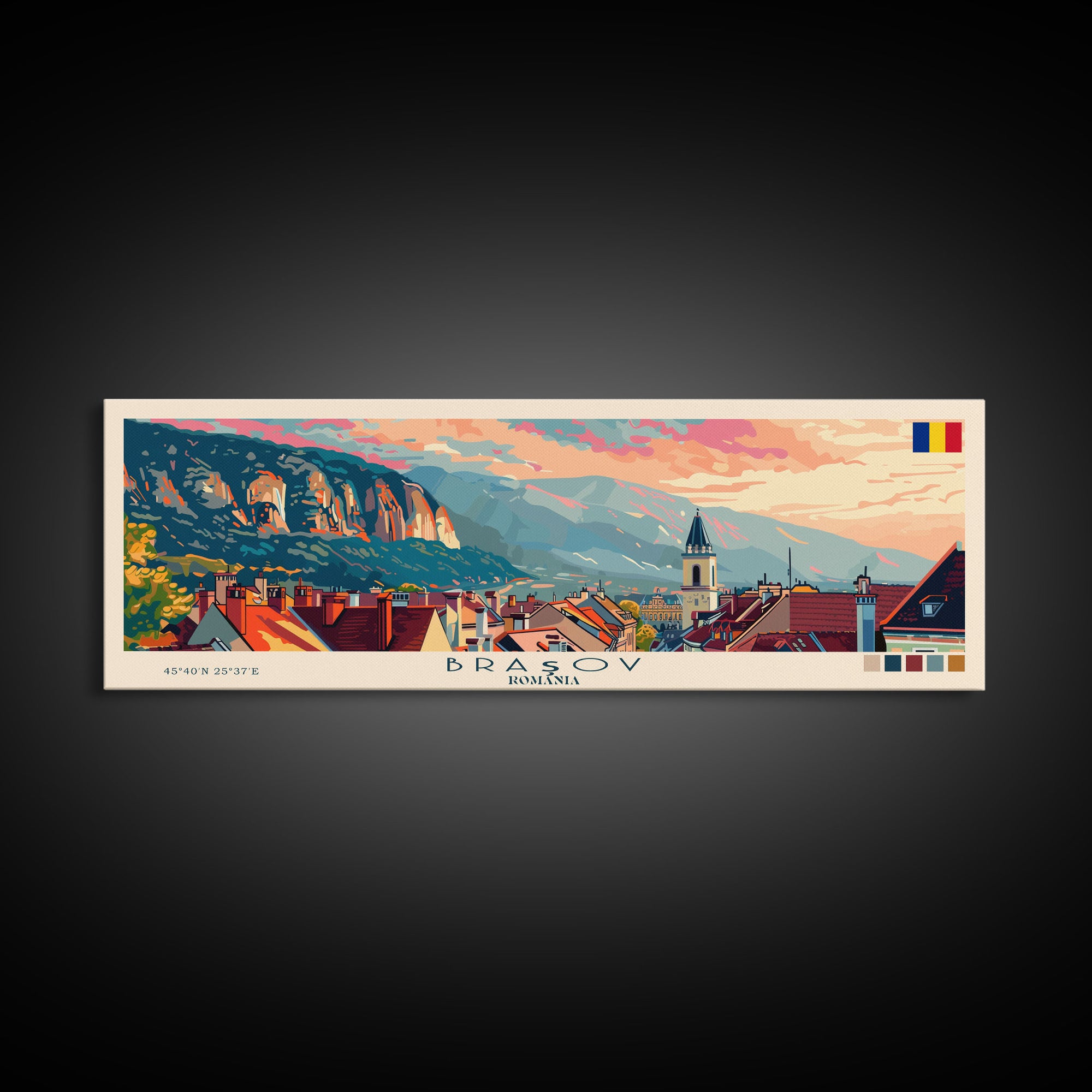 Brasov Romania Panoramic Travel Poster, Framed Canvas Print or Metal Wall Art, Travel Art, Home Decor, Panoramic Painting, Midcentury Art