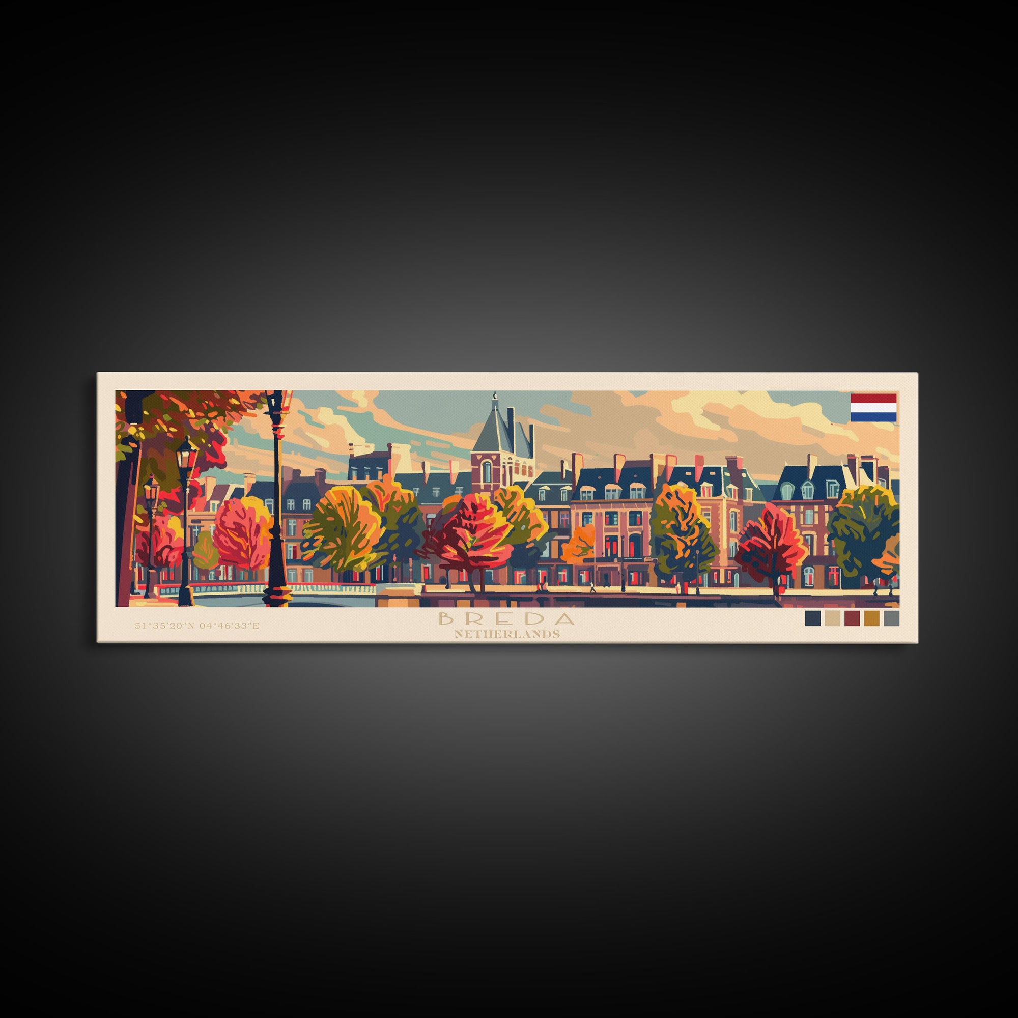 Breda Netherlands Panoramic Travel Poster, Framed Canvas Print or Metal Wall Art, Travel Art, Home Decor, Panoramic Painting, Midcentury Art