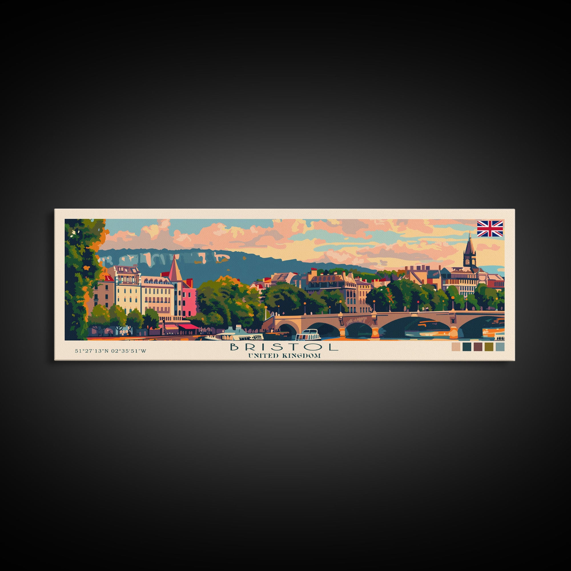 Bristol United Kingdom Panoramic Travel Poster, Framed Canvas Print or Metal Wall Art, Travel Art, Home Decor, Panoramic Painting, Midcentury Art