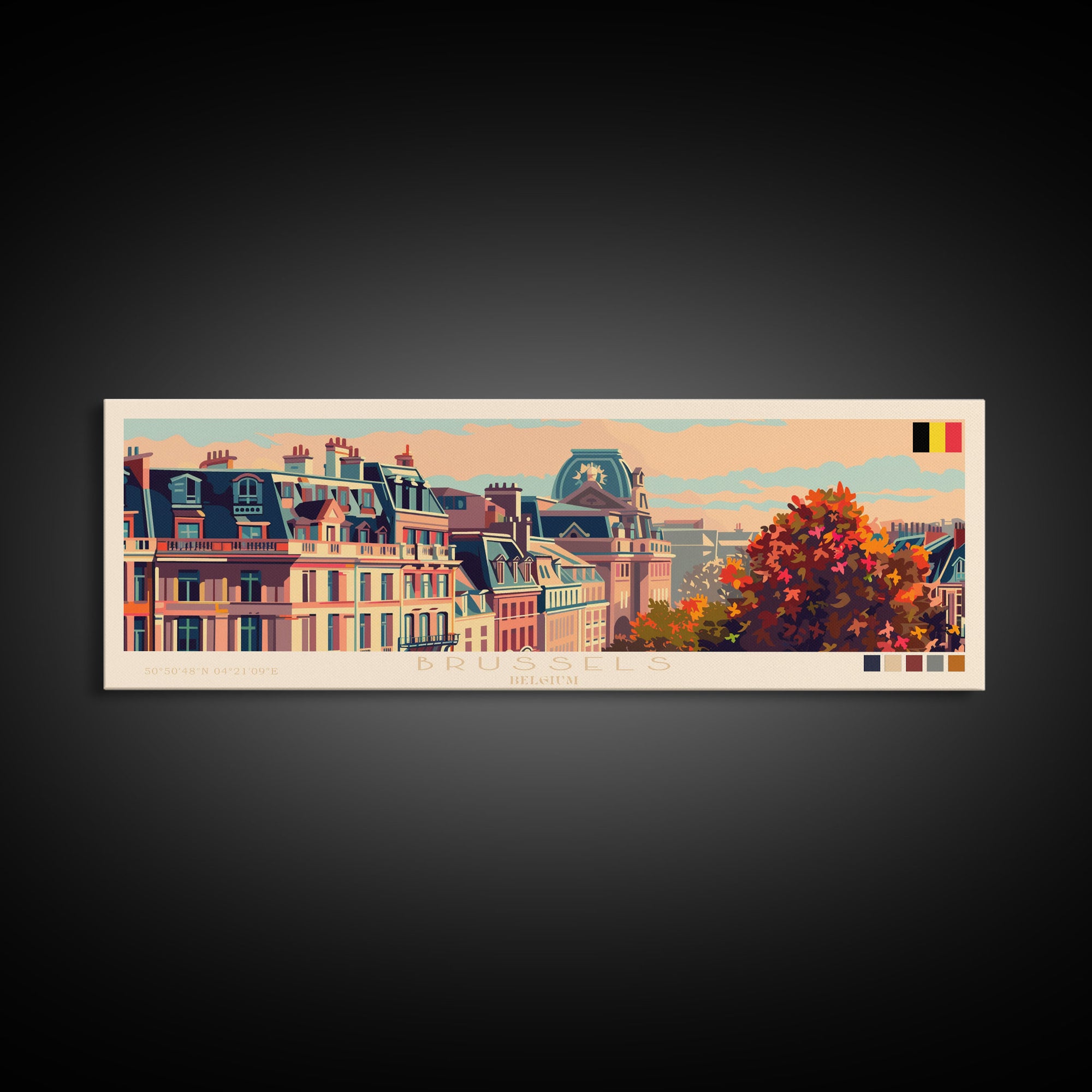 Brussels Belgium Panoramic Travel Poster, Framed Canvas Print or Metal Wall Art, Travel Art, Home Decor, Panoramic Painting, Midcentury Art