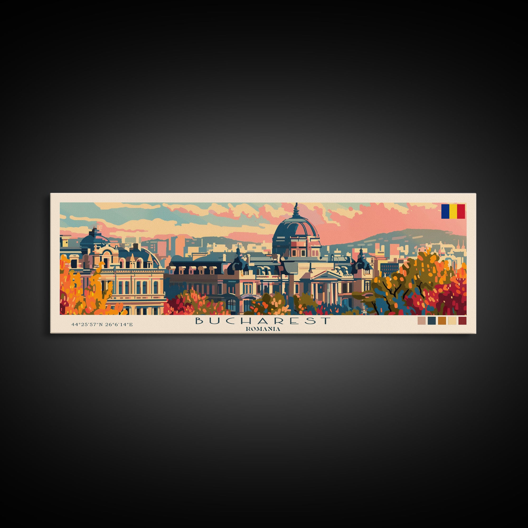 Bucharest Romania Wall Art, Panoramic Travel Poster, Panoramic Framed Canvas Print, City Wall Art, Wall Hanging Home Decor, Travel Art