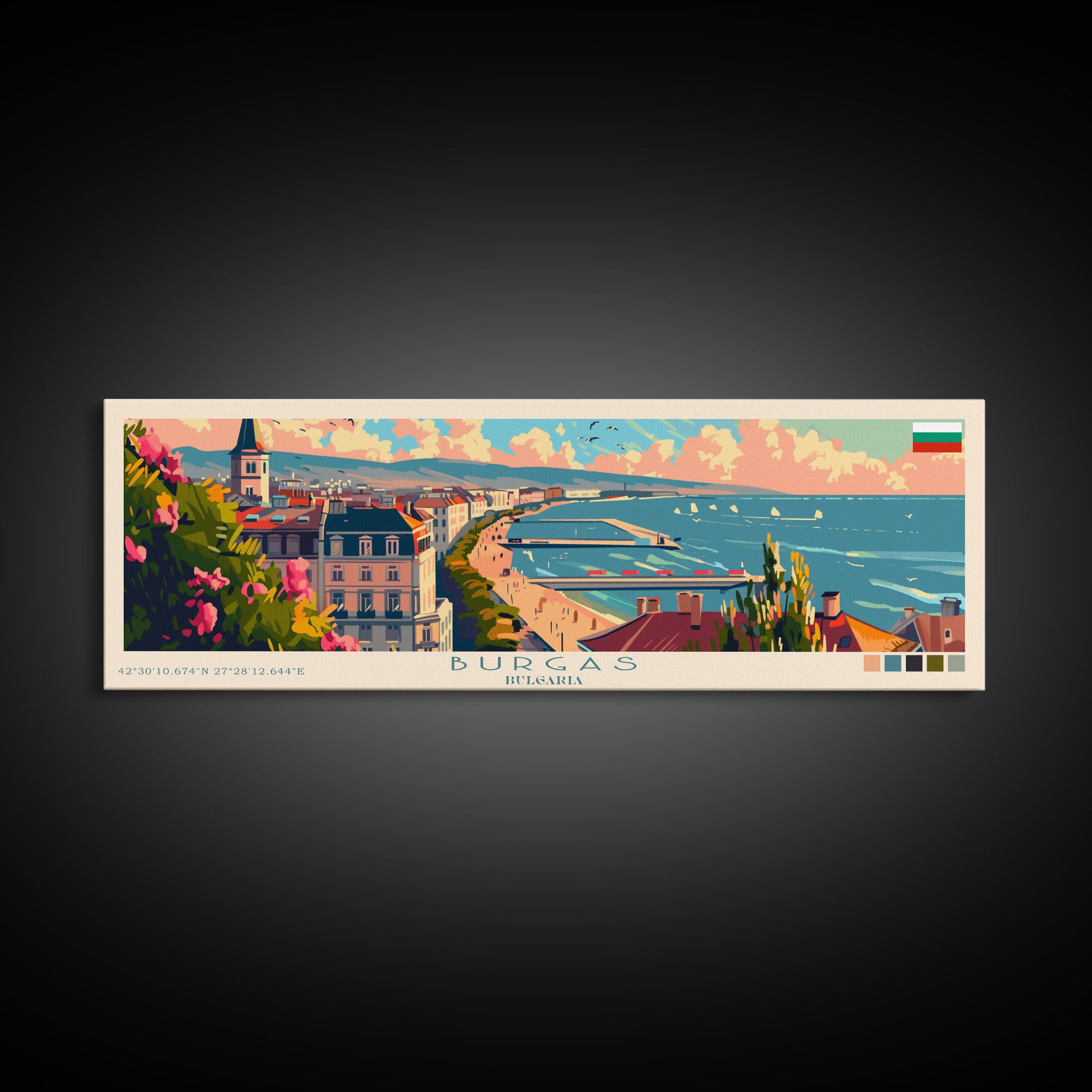 Burgas Bulgaria Panoramic Travel Poster, Framed Canvas Print or Metal Wall Art, Travel Art, Home Decor, Panoramic Painting, Midcentury Art