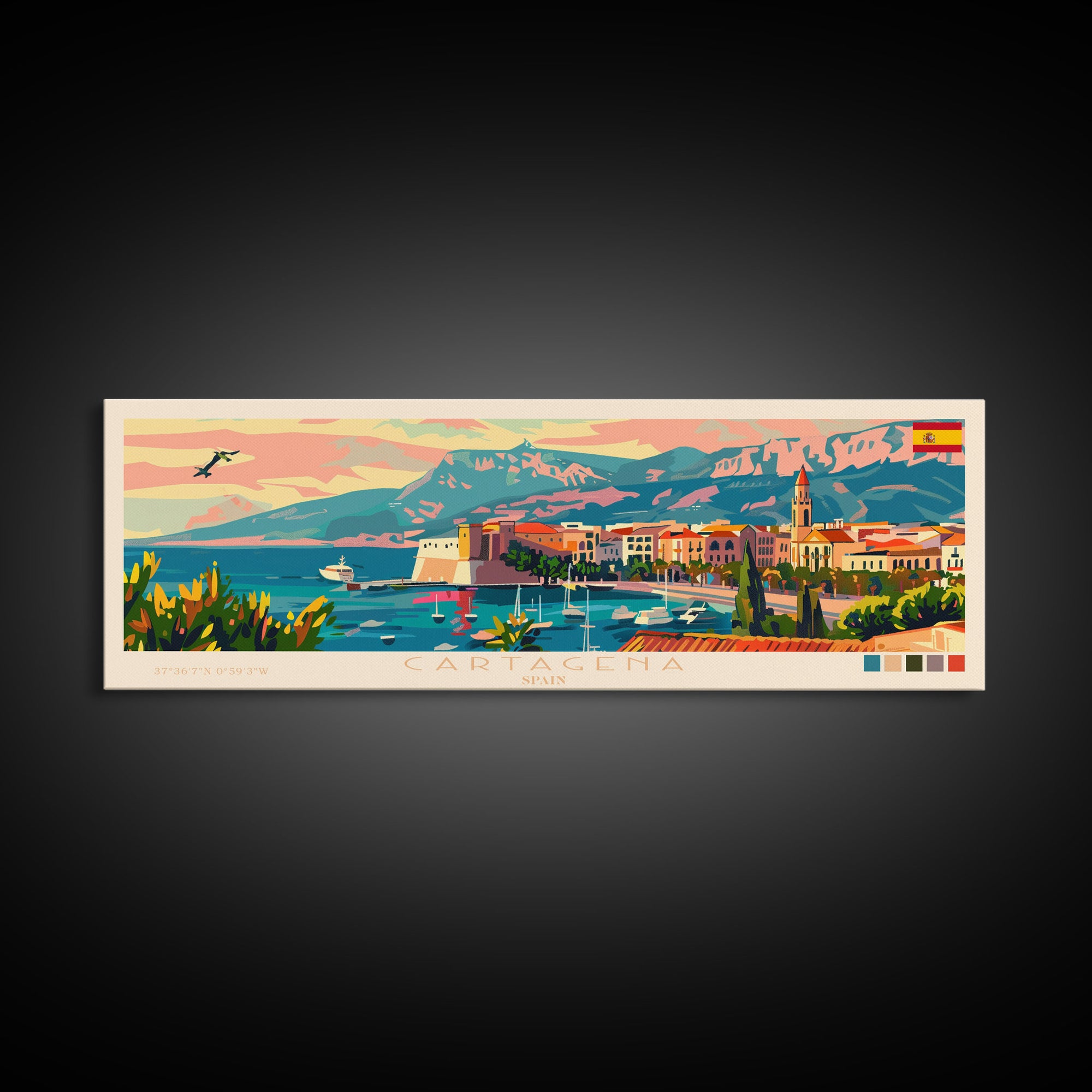 Cartagena Spain Panoramic Travel Poster, Framed Canvas Print or Metal Wall Art, Travel Art, Home Decor, Panoramic Painting, Midcentury Art