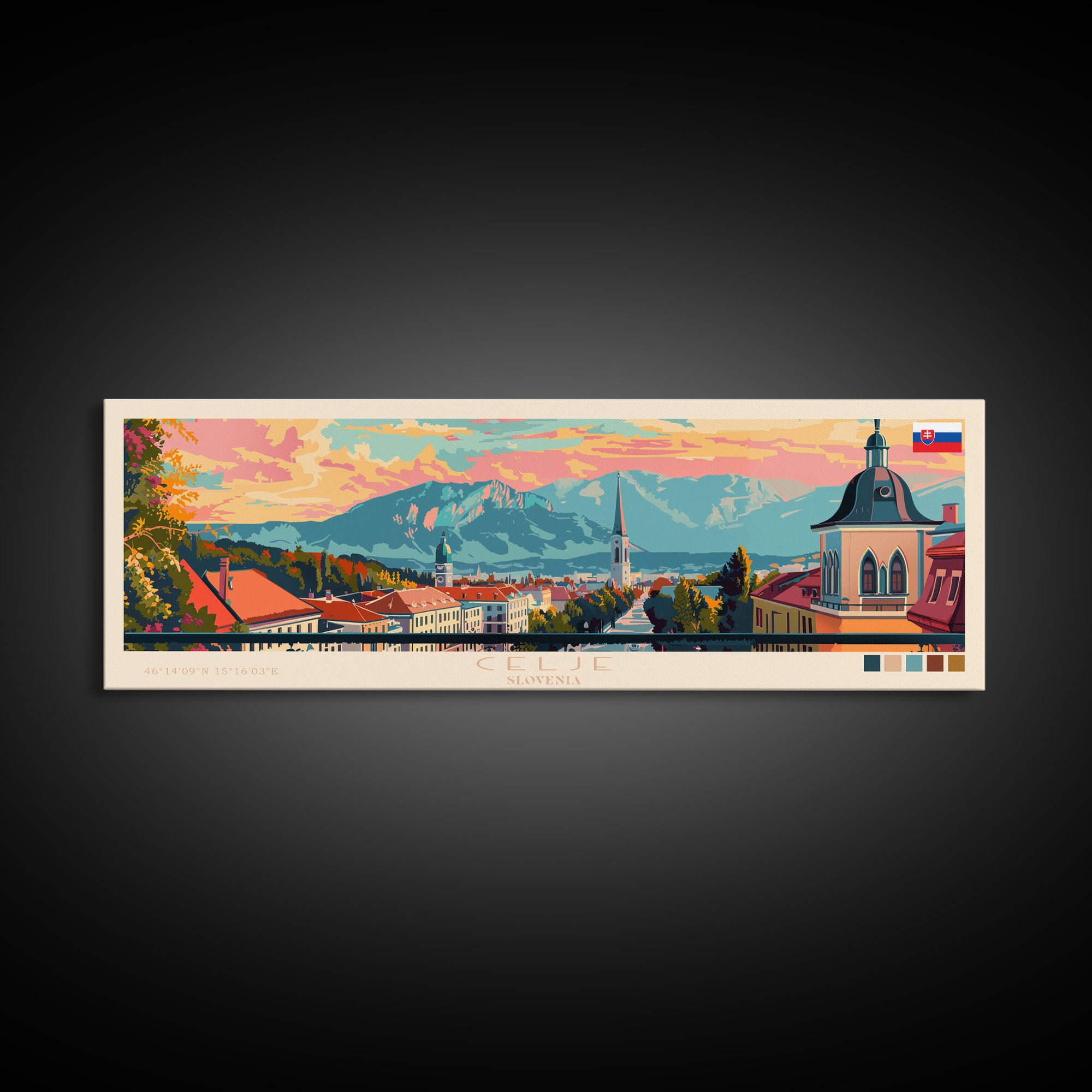 Celje Slovenia Panoramic Travel Poster, Framed Canvas Print or Metal Wall Art, Travel Art, Home Decor, Panoramic Painting, Midcentury Art