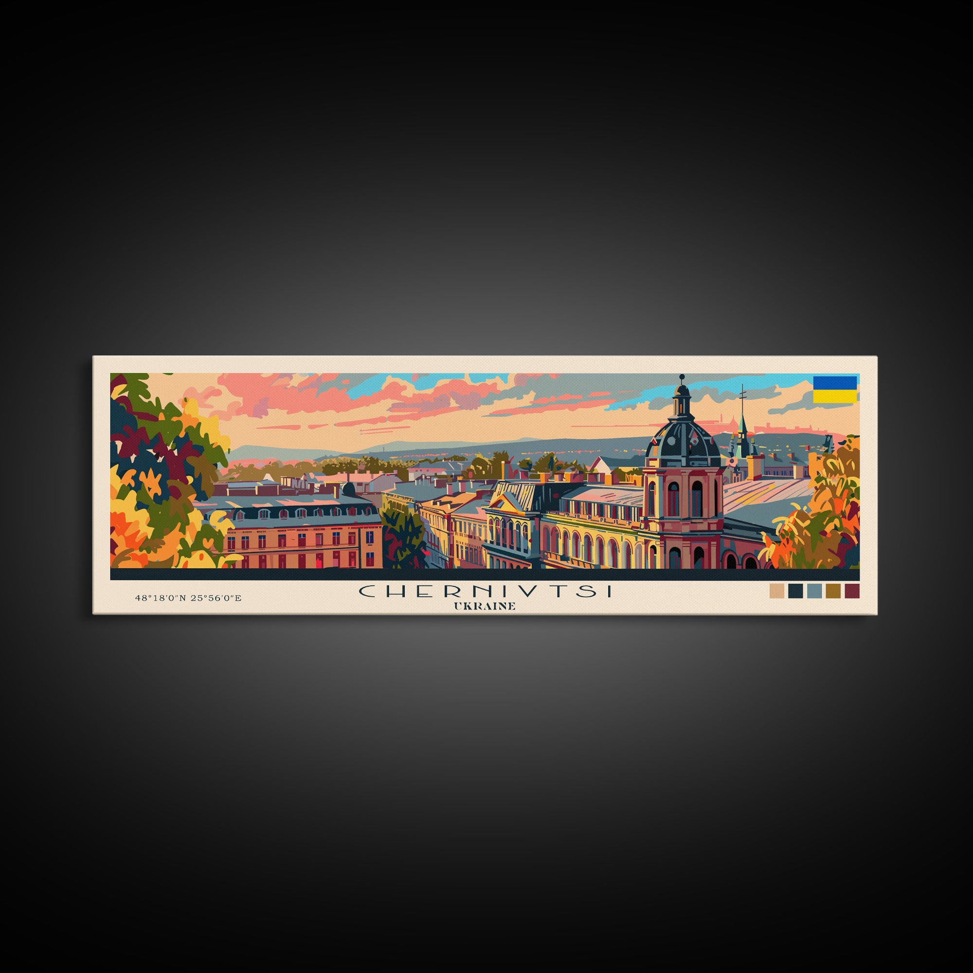 Chernihiv Ukraine Panoramic Travel Poster, Framed Canvas Print or Metal Wall Art, Travel Art, Home Decor, Panoramic Painting, Midcentury Art