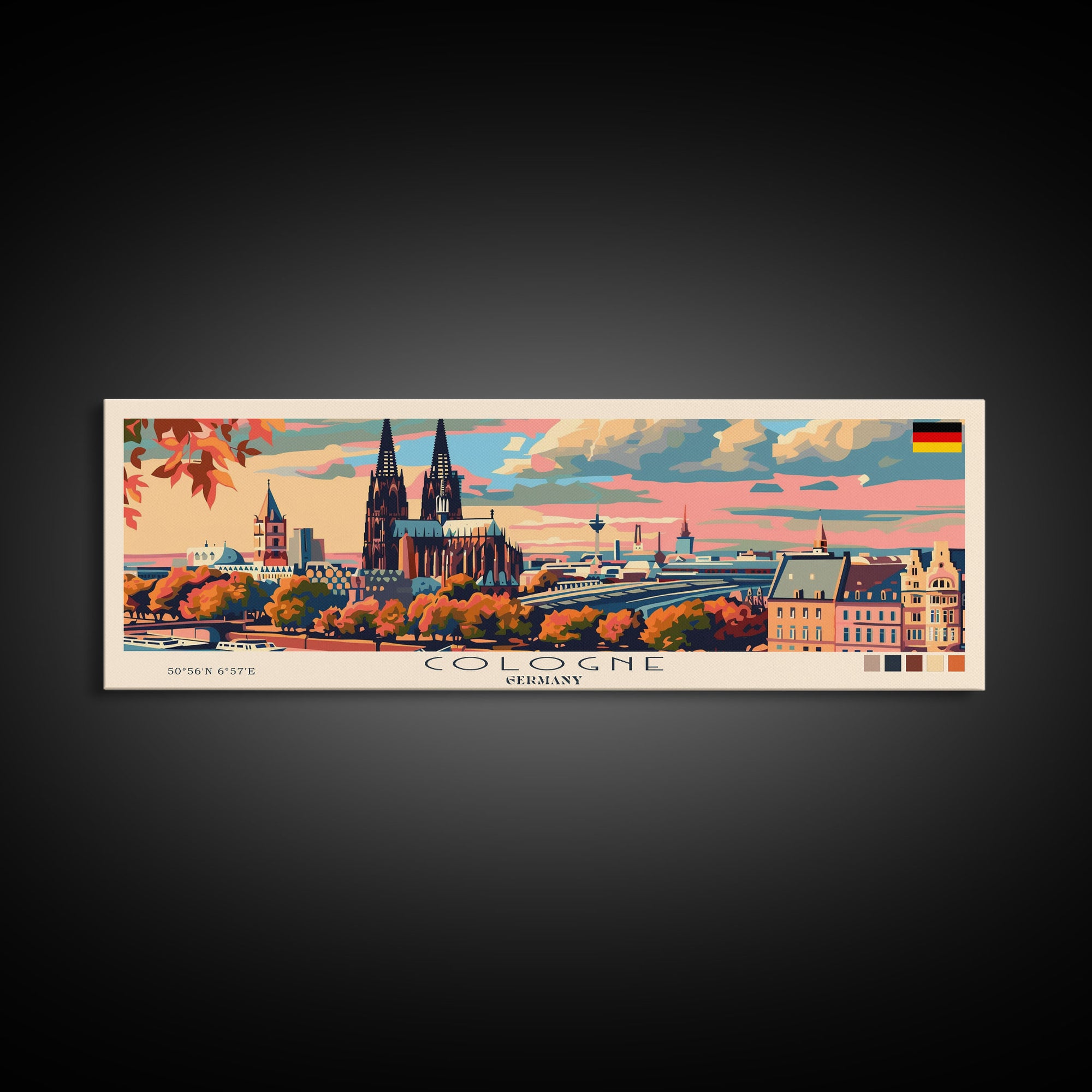 Cologne Germany Panoramic Travel Poster, Framed Canvas Print or Metal Wall Art, Travel Art, Home Decor, Panoramic Painting, Midcentury Art