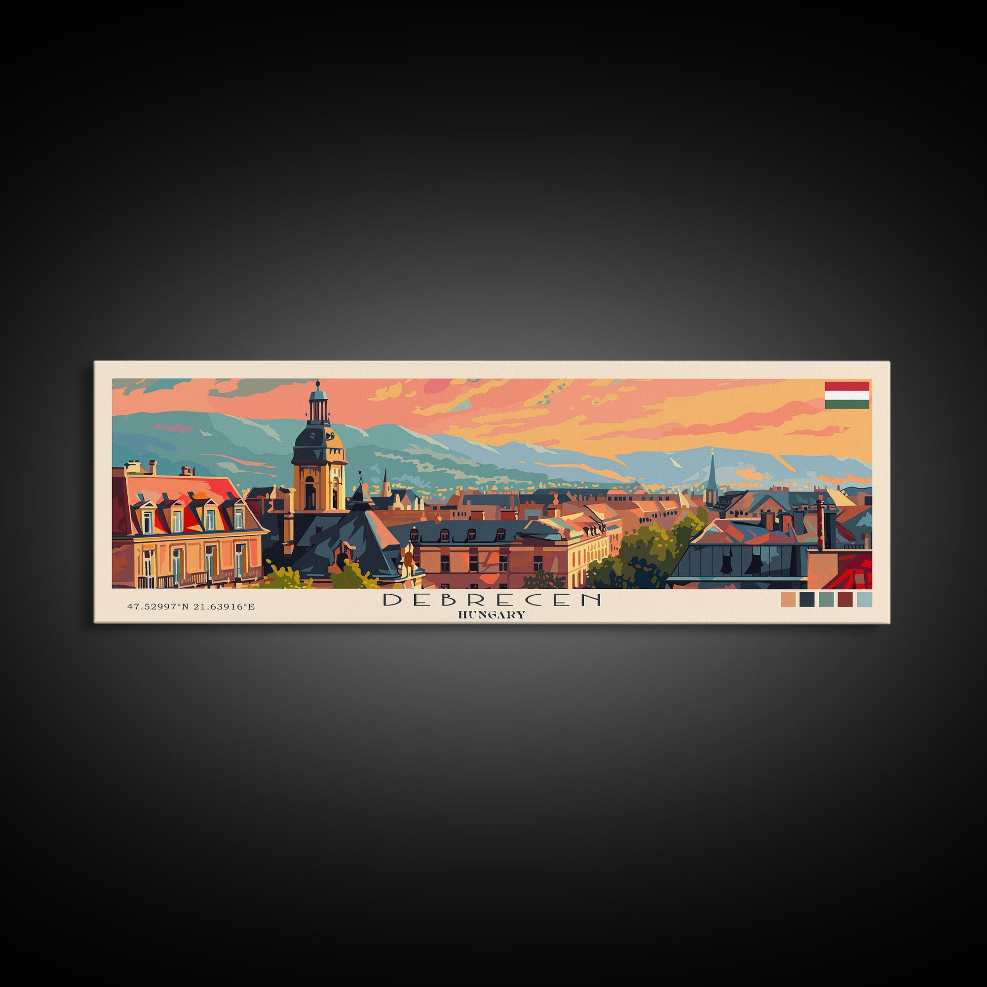 Debrecen Hungary Panoramic Travel Poster, Framed Canvas Print or Metal Wall Art, Travel Art, Home Decor, Panoramic Painting, Midcentury Art