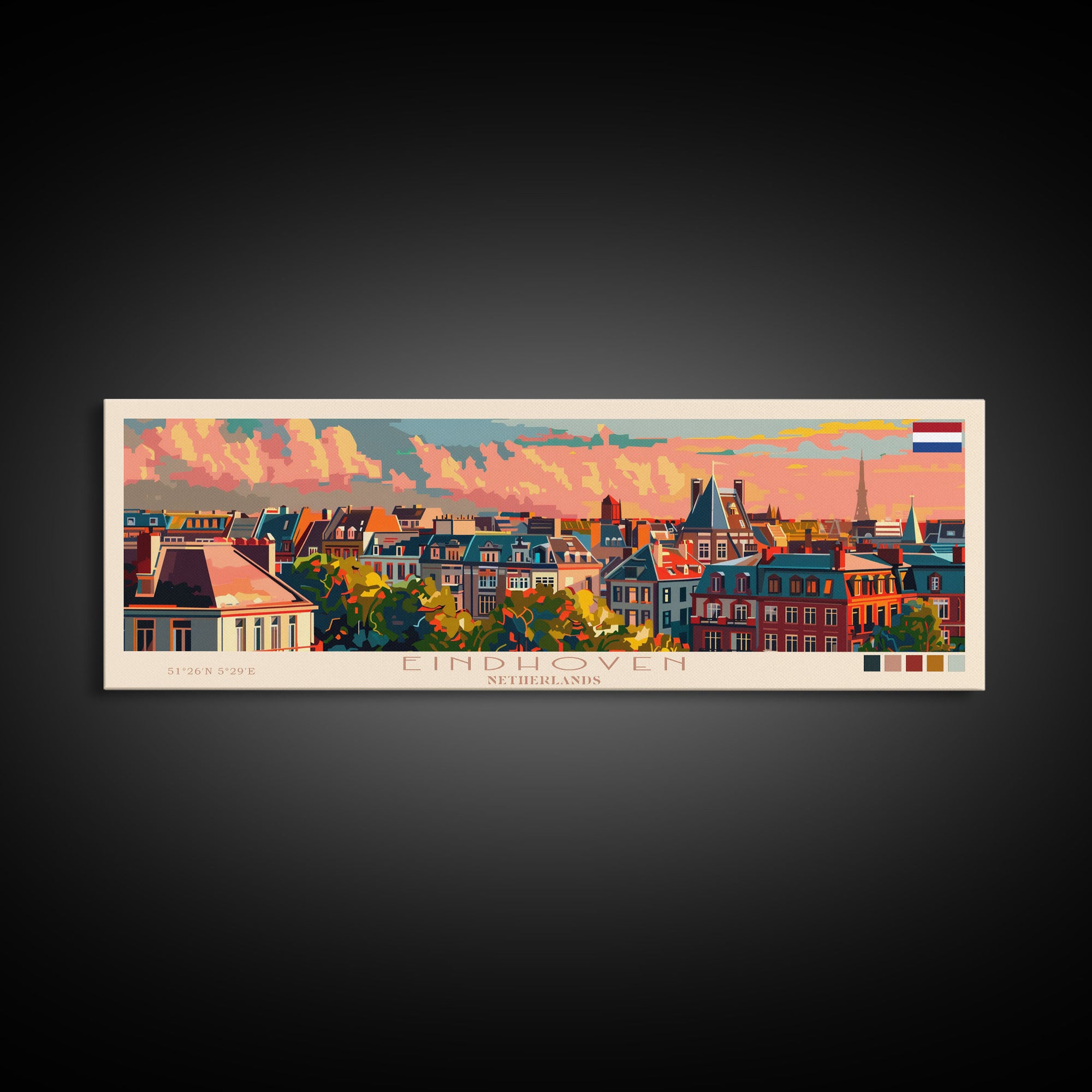 Eindhoven Netherlands Panoramic Travel Poster, Framed Canvas Print or Metal Wall Art, Travel Art, Home Decor, Panoramic Painting, Midcentury Art