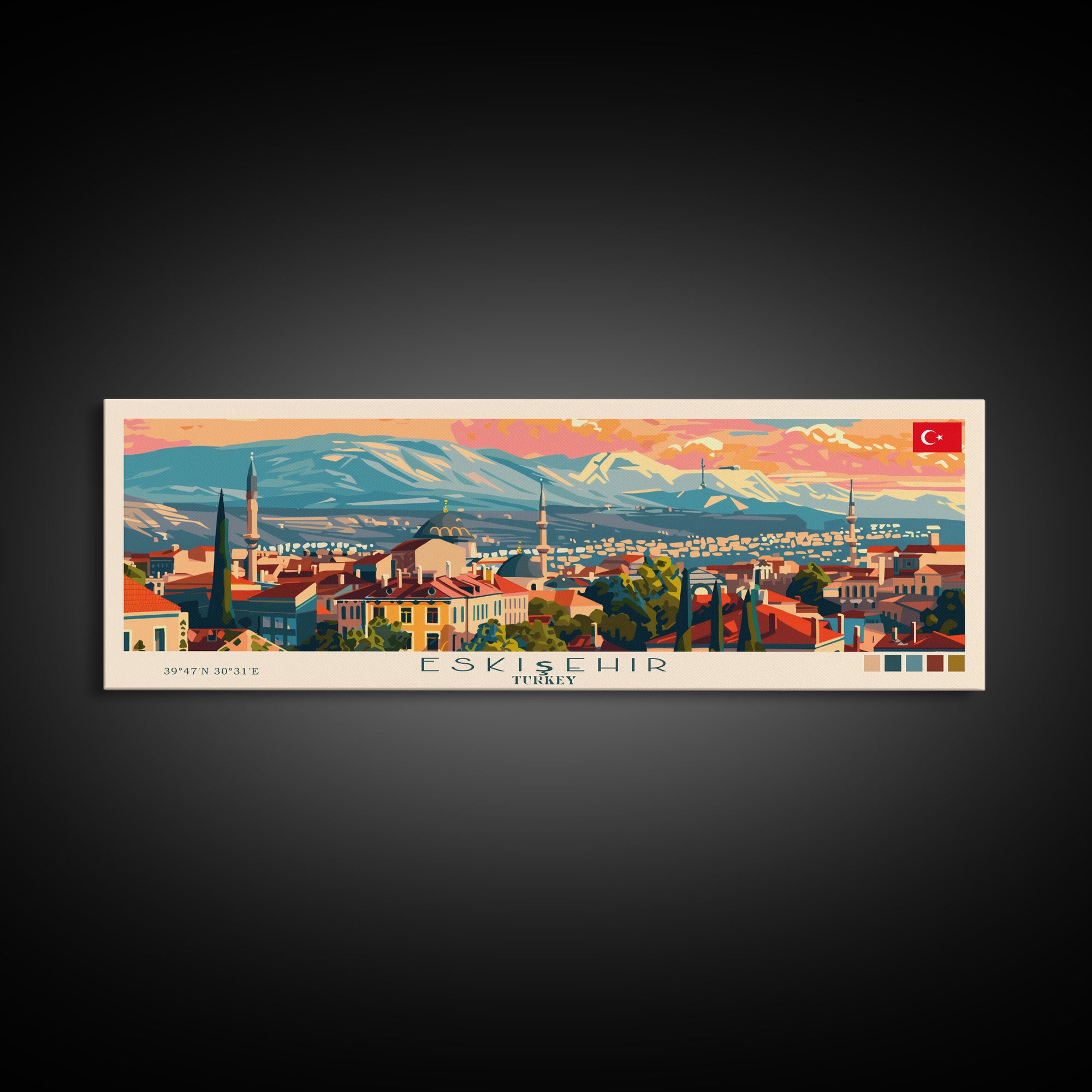 Eskisehir Turkey Panoramic Travel Poster, Framed Canvas Print or Metal Wall Art, Travel Art, Home Decor, Panoramic Painting, Midcentury Art