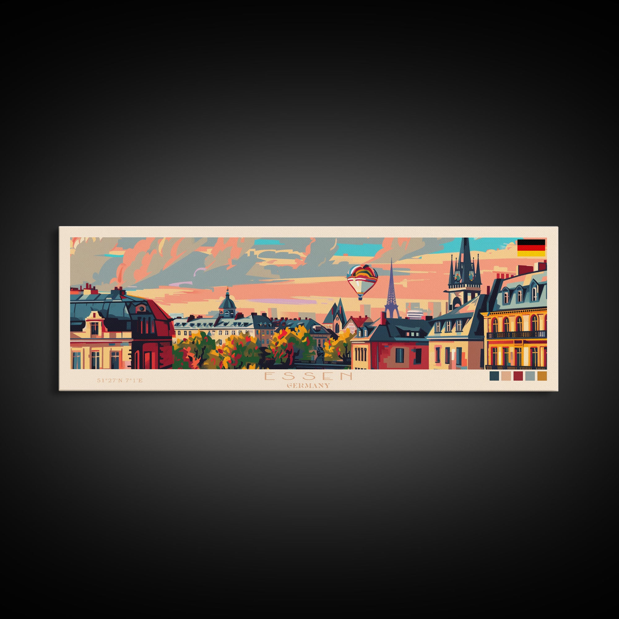 Essen Germany Travel Print Wall Art, Panoramic City Art, Travel Art, Wall Decor, Vacation Gift, Framed Canvas Print Or Metal Art