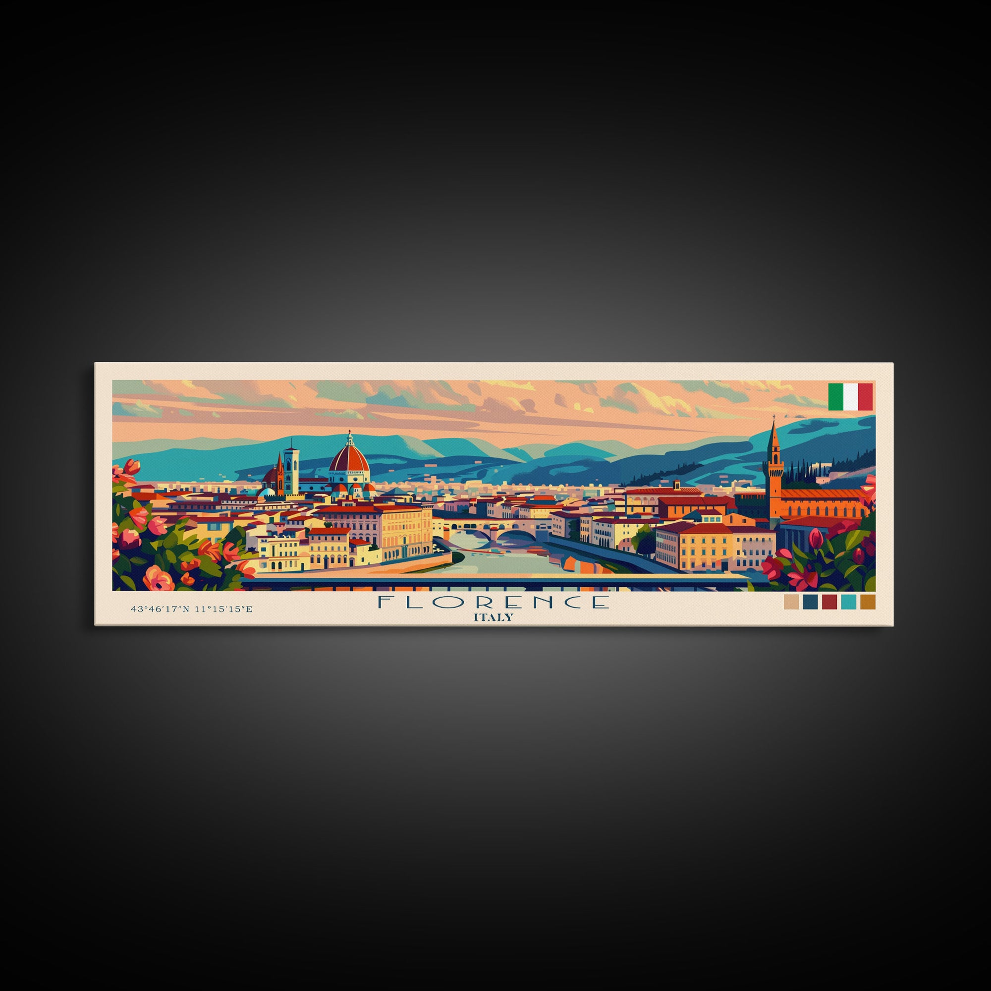 Florence Italy Panoramic Travel Poster, Framed Canvas Print or Metal Wall Art, Travel Art, Home Decor, Panoramic Painting, Midcentury Art