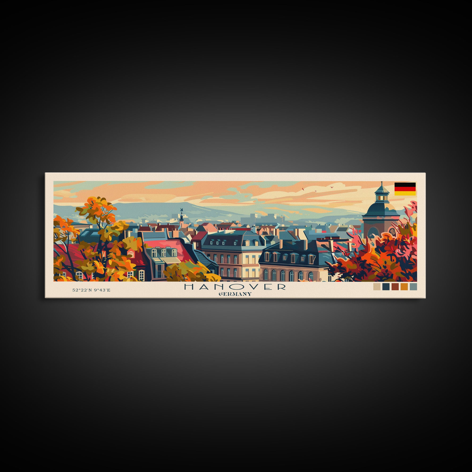 Hanover Germany Panoramic Travel Poster, Framed Canvas Print or Metal Wall Art, Travel Art, Home Decor, Panoramic Painting, Midcentury Art