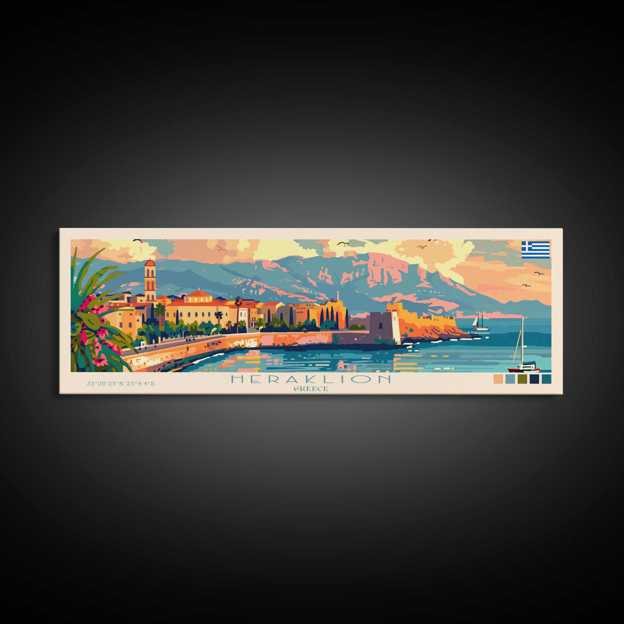 Heraklion Greece Panoramic Travel Poster, Framed Canvas Print or Metal Wall Art, Travel Art, Home Decor, Panoramic Painting, Midcentury Art