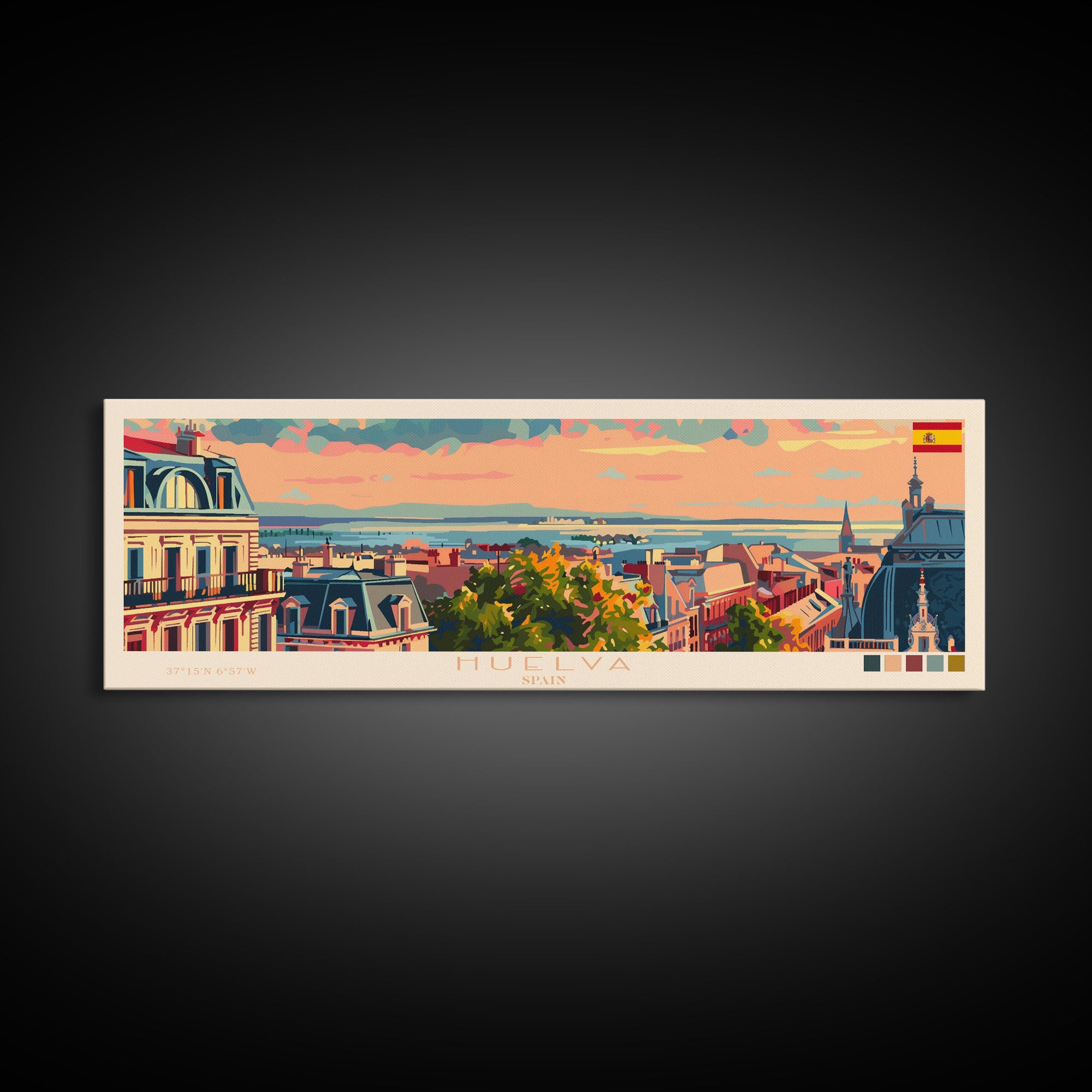 Huelva Spain Panoramic Travel Poster, Framed Canvas Print or Metal Wall Art, Travel Art, Home Decor, Panoramic Painting, Midcentury Art