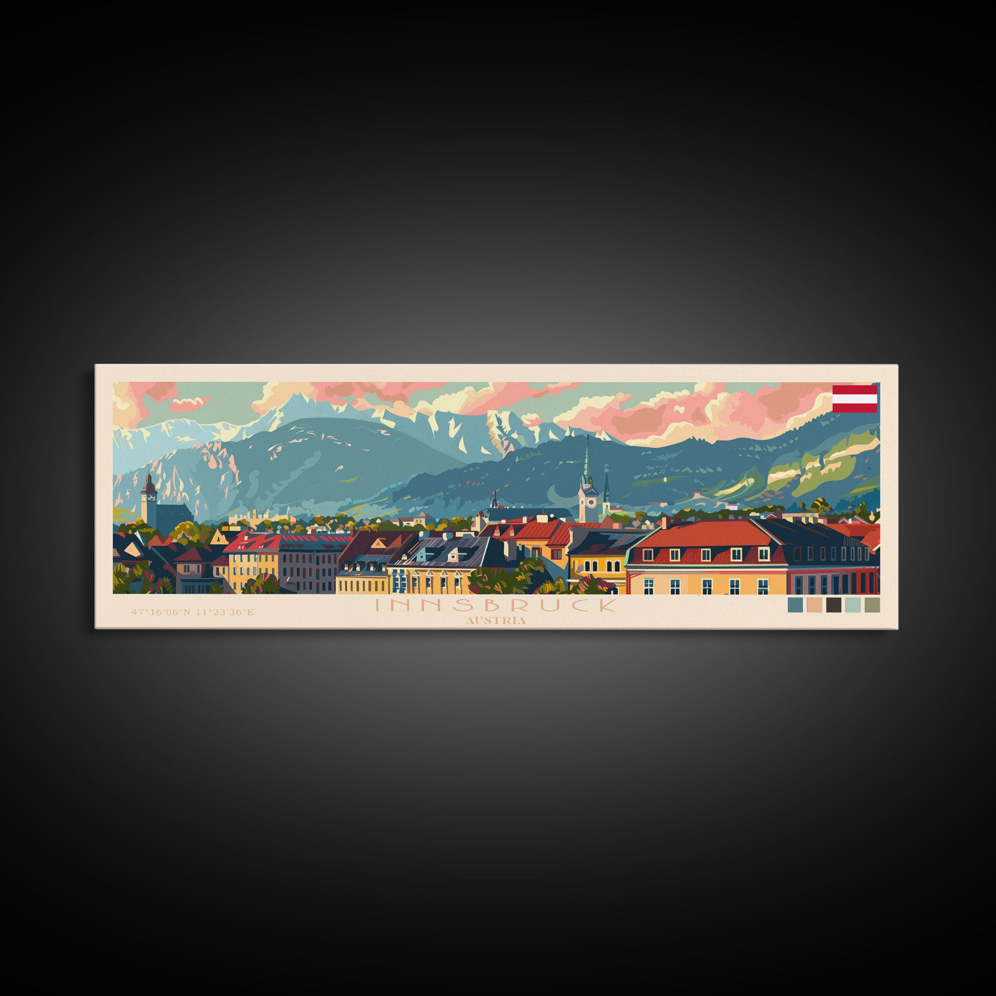 Innsbruck Austria Panoramic Travel Poster, Framed Canvas Print or Metal Wall Art, Travel Art, Home Decor, Panoramic Painting, Midcentury Art