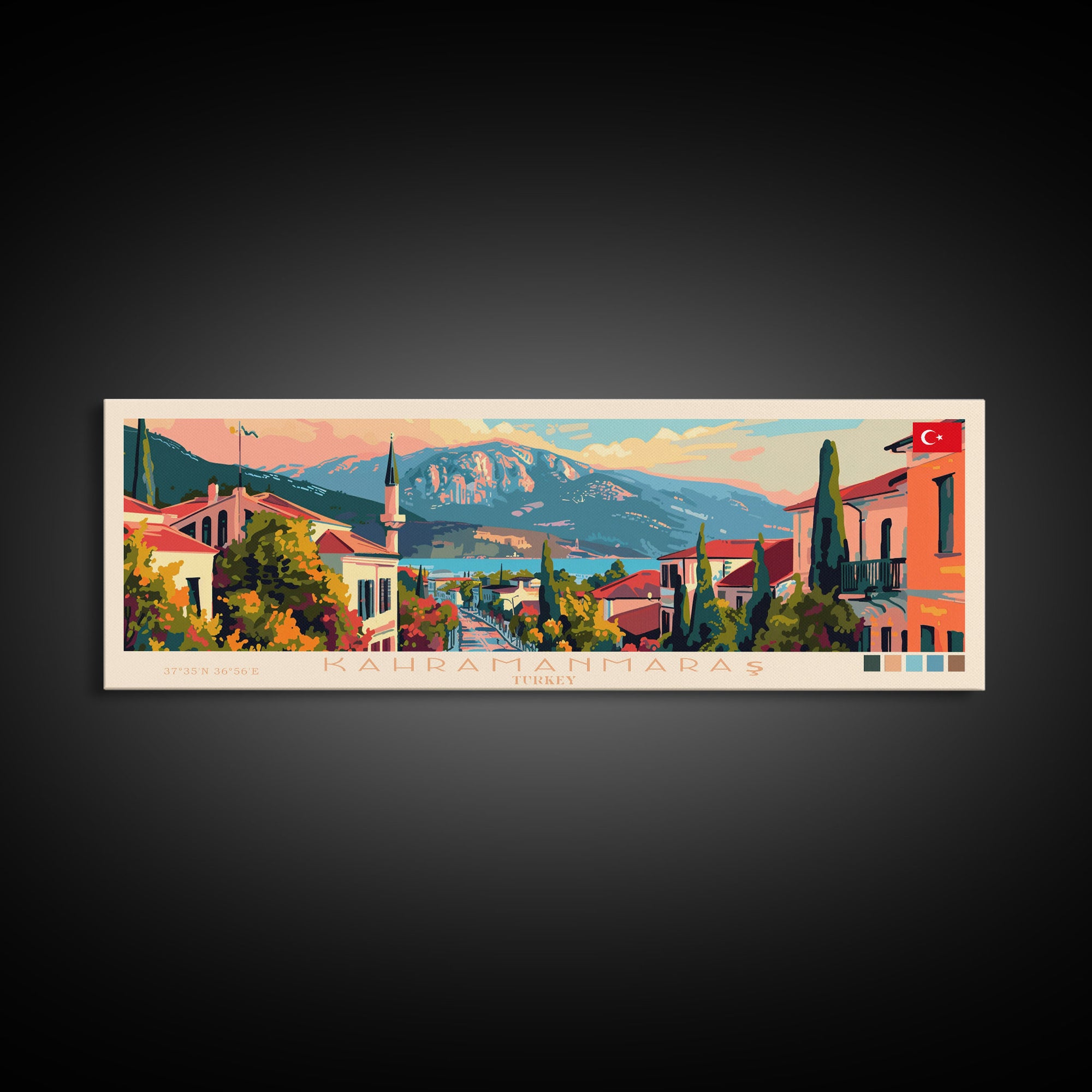 Kahramanmaras Turkey Panoramic Travel Poster, Framed Canvas Print or Metal Wall Art, Travel Art, Home Decor, Panoramic Painting, Midcentury Art