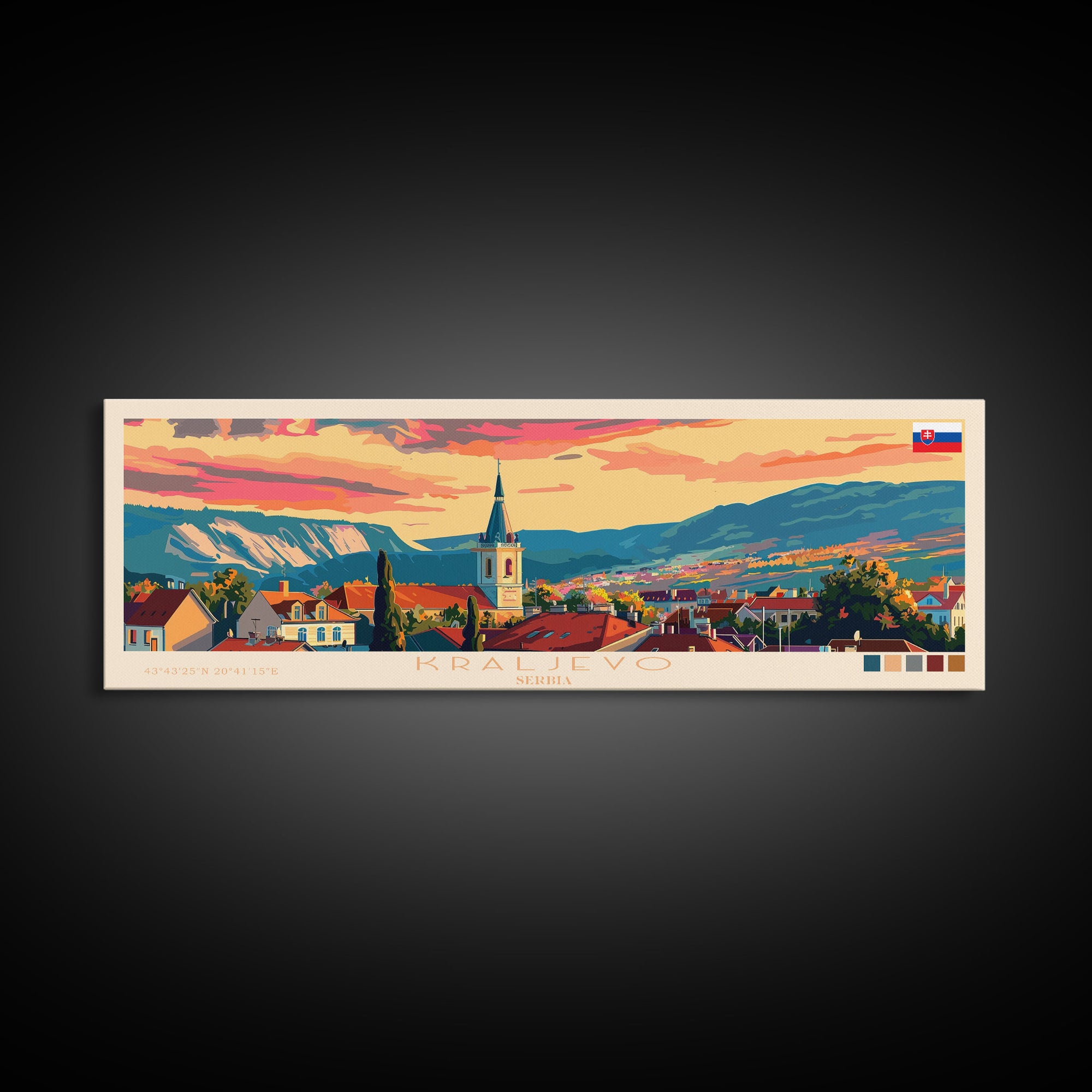 Kraljevo Serbia Panoramic Travel Poster, Framed Canvas Print or Metal Wall Art, Travel Art, Home Decor, Panoramic Painting, Midcentury Art