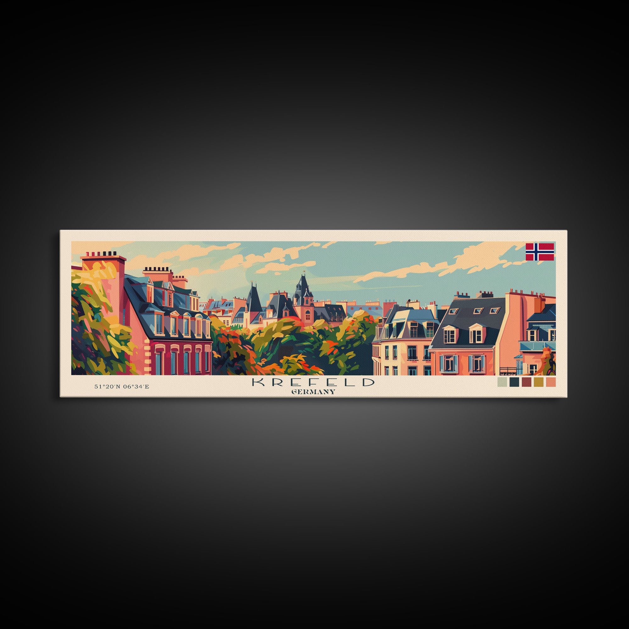 Krefeld Germany Panoramic Travel Poster, Framed Canvas Print or Metal Wall Art, Travel Art, Home Decor, Panoramic Painting, Midcentury Art