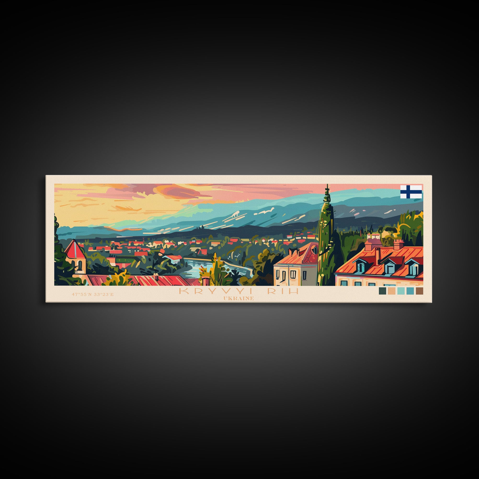 KryvyiRih Ukraine Panoramic Travel Poster, Framed Canvas Print or Metal Wall Art, Travel Art, Home Decor, Panoramic Painting, Midcentury Art