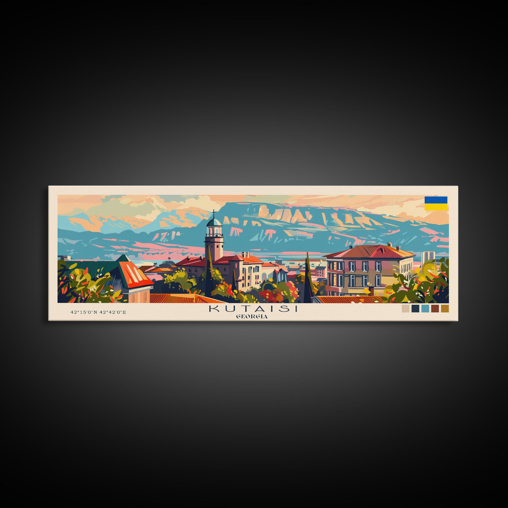 Kutaisi Georgia Panoramic Travel Poster, Framed Canvas Print or Metal Wall Art, Travel Art, Home Decor, Panoramic Painting, Midcentury Art