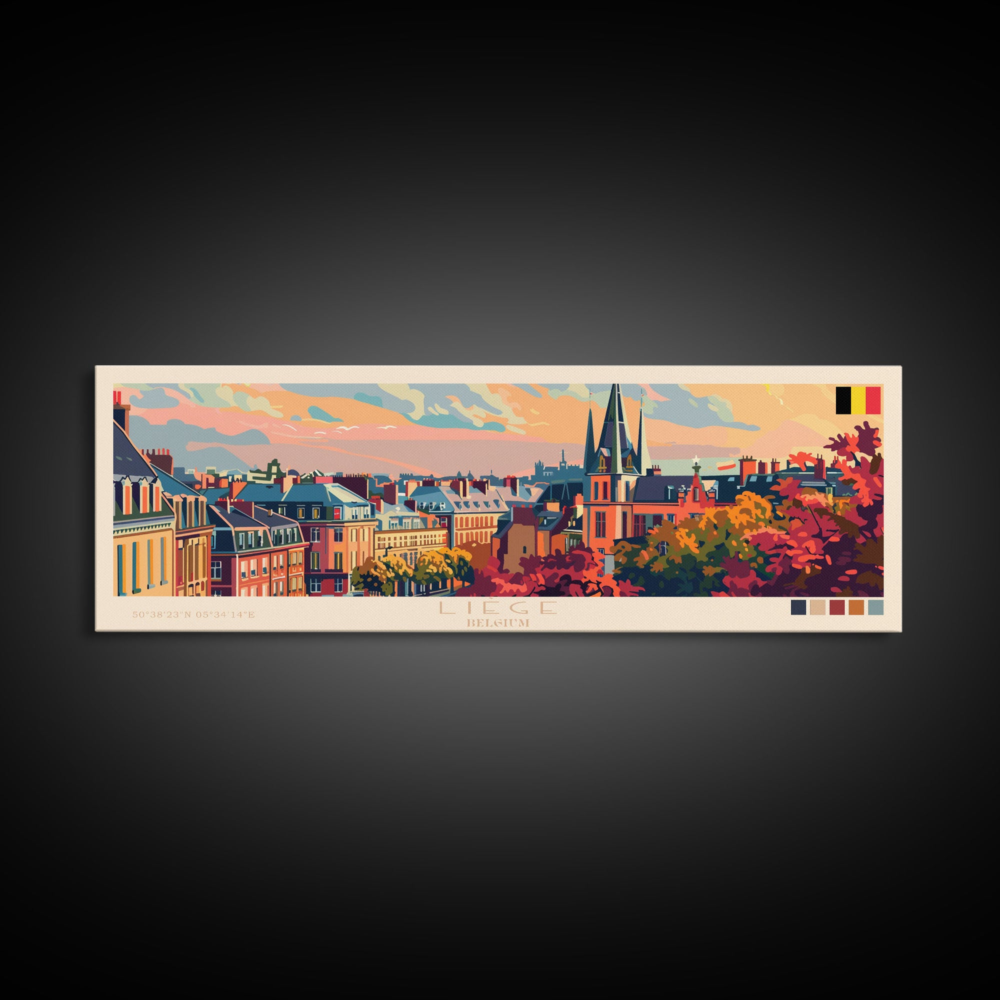 Liege Belgium Panoramic Travel Poster, Framed Canvas Print or Metal Wall Art, Travel Art, Home Decor, Panoramic Painting, Midcentury Art