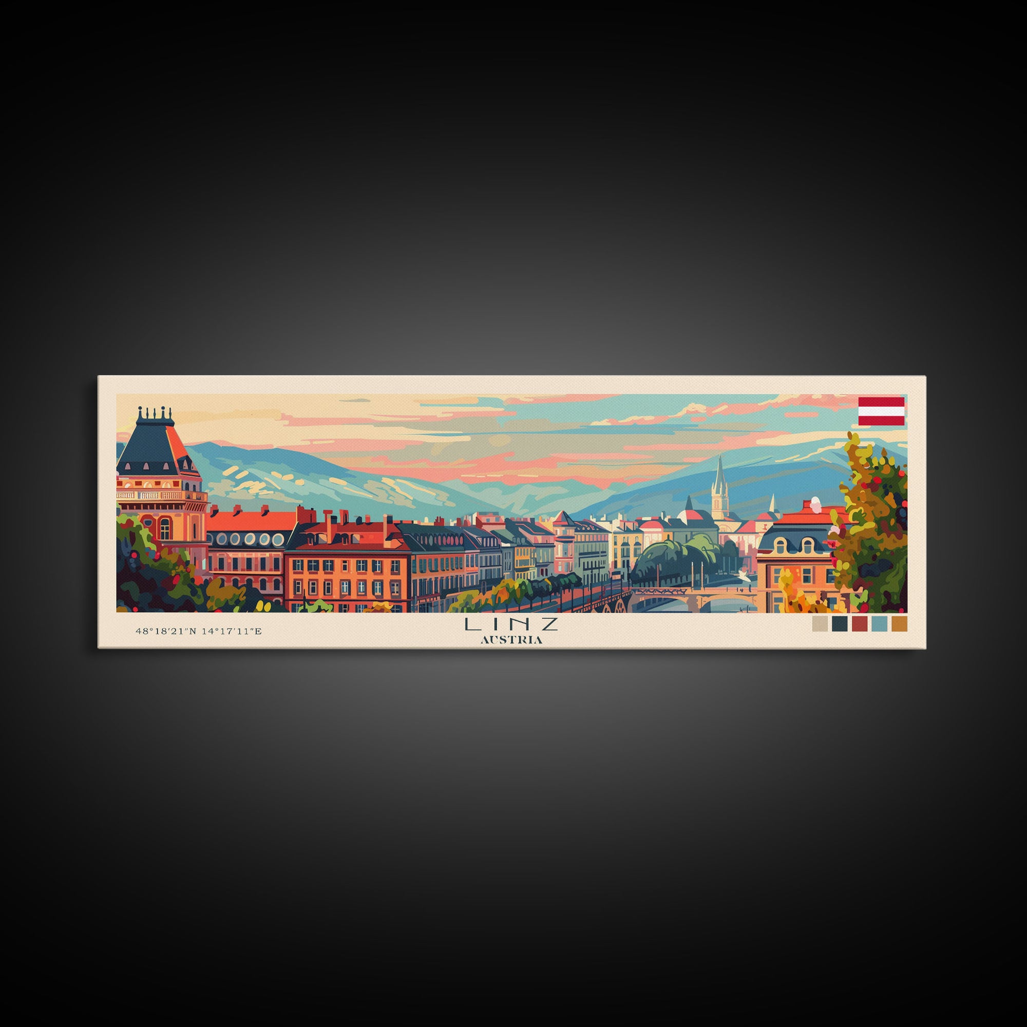 Linz Austria Panoramic Travel Poster, Framed Canvas Print or Metal Wall Art, Travel Art, Home Decor, Panoramic Painting, Midcentury Art