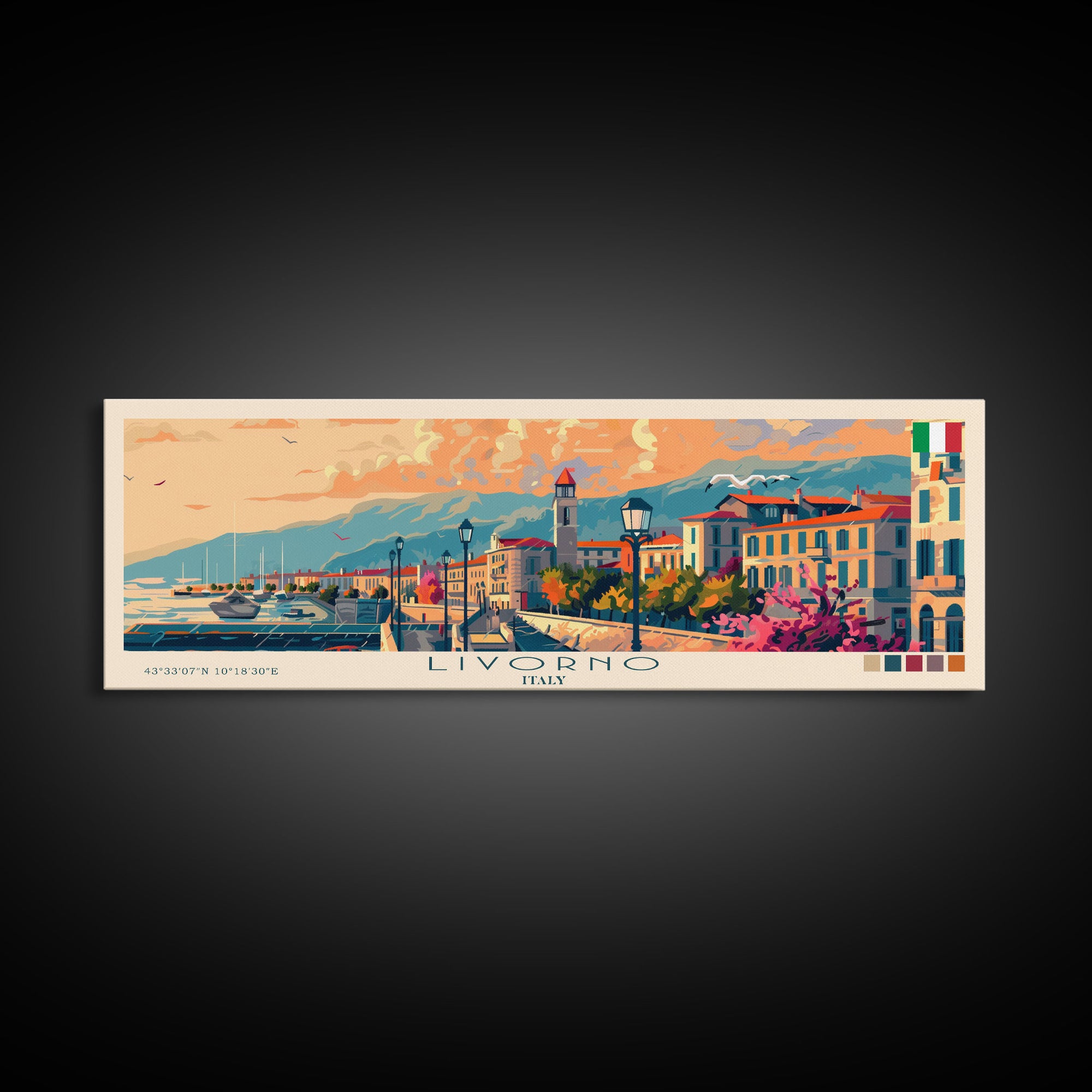 Livorno Italy Panoramic Travel Poster, Framed Canvas Print or Metal Wall Art, Travel Art, Home Decor, Panoramic Painting, Midcentury Art