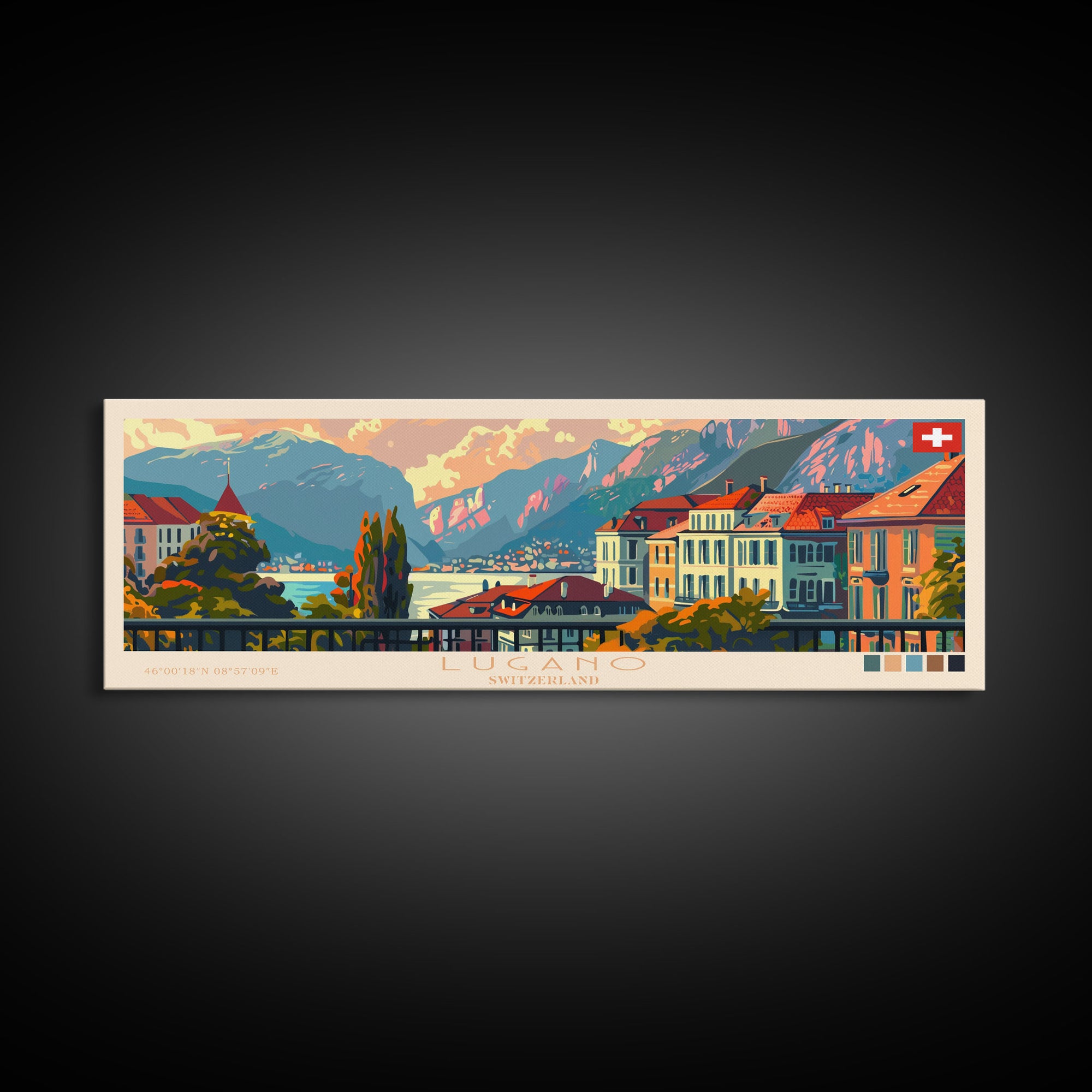 Lugano Switzerland Panoramic Travel Poster, Framed Canvas Print or Metal Wall Art, Travel Art, Home Decor, Panoramic Painting, Midcentury Art