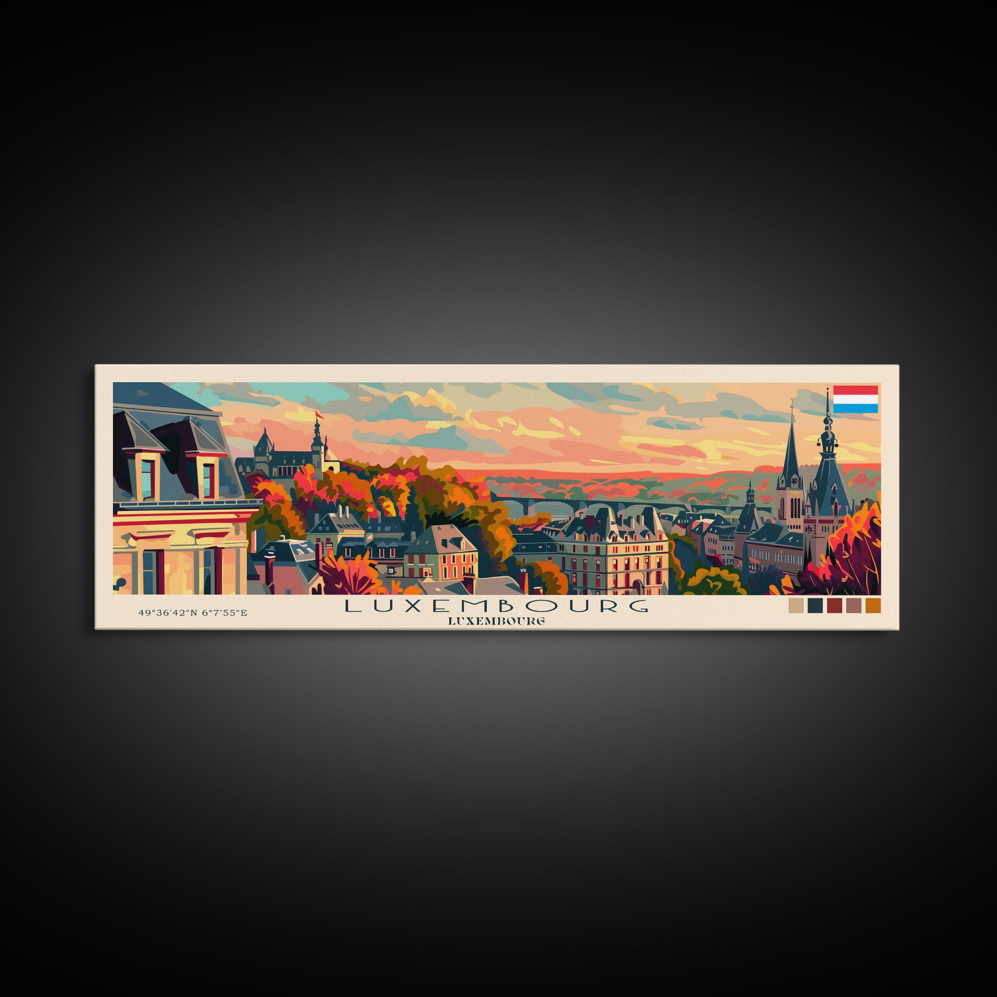 Luxembourg Luxembourg Panoramic Travel Poster, Framed Canvas Print or Metal Wall Art, Travel Art, Home Decor, Panoramic Painting, Midcentury Art