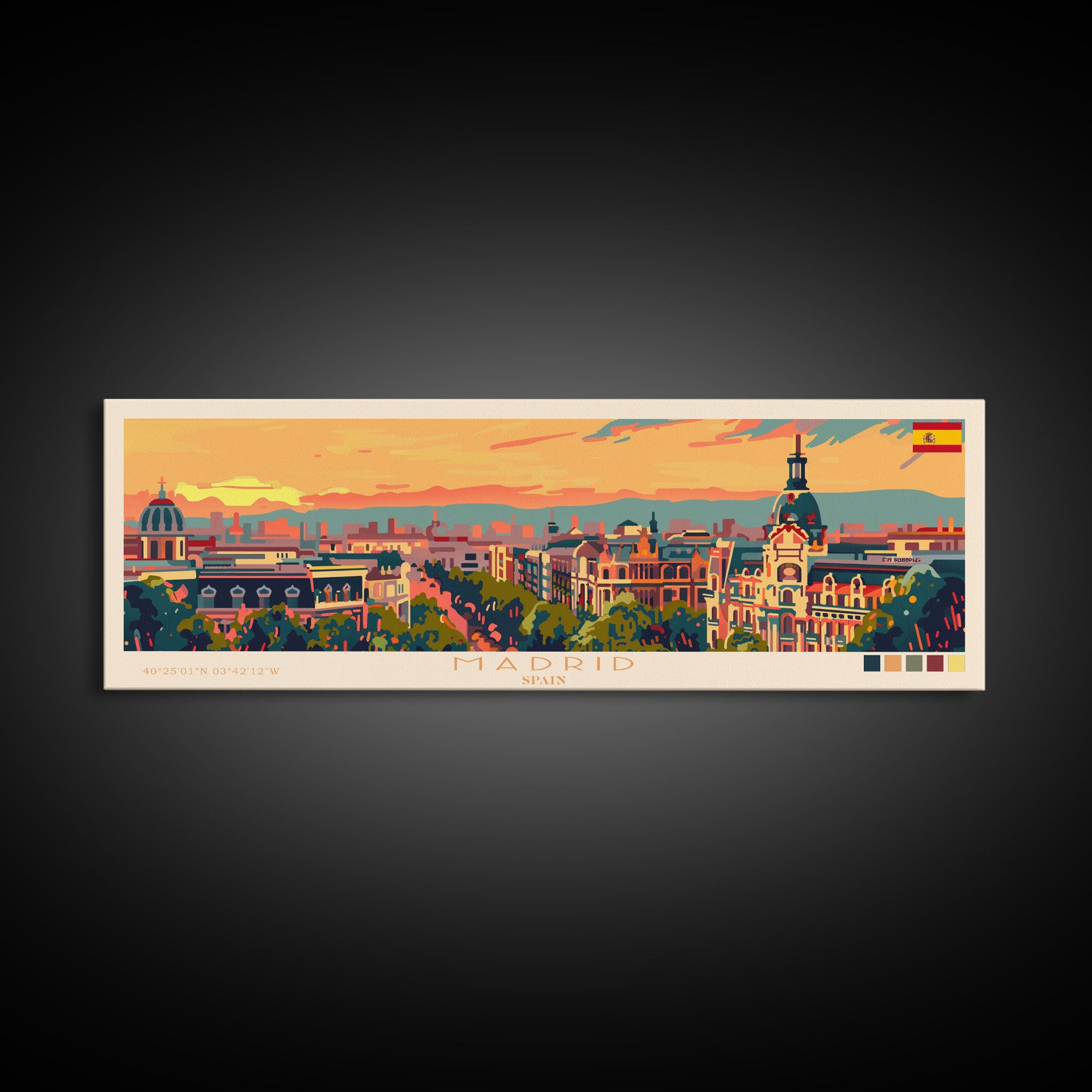 Madrid Spain Panoramic Travel Poster, Framed Canvas Print or Metal Wall Art, Travel Art, Home Decor, Panoramic Painting, Midcentury Art