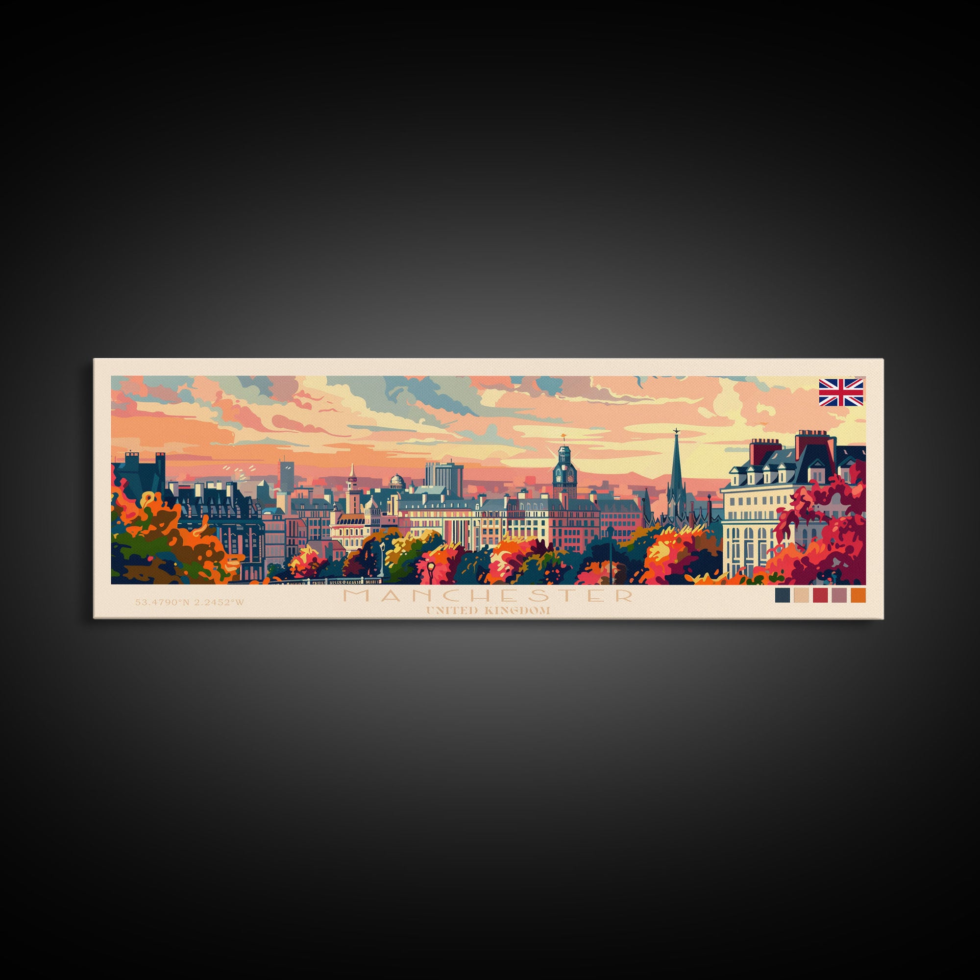 Manchester United Kingdom Panoramic Travel Poster, Framed Canvas Print or Metal Wall Art, Travel Art, Home Decor, Panoramic Painting, Midcentury Art