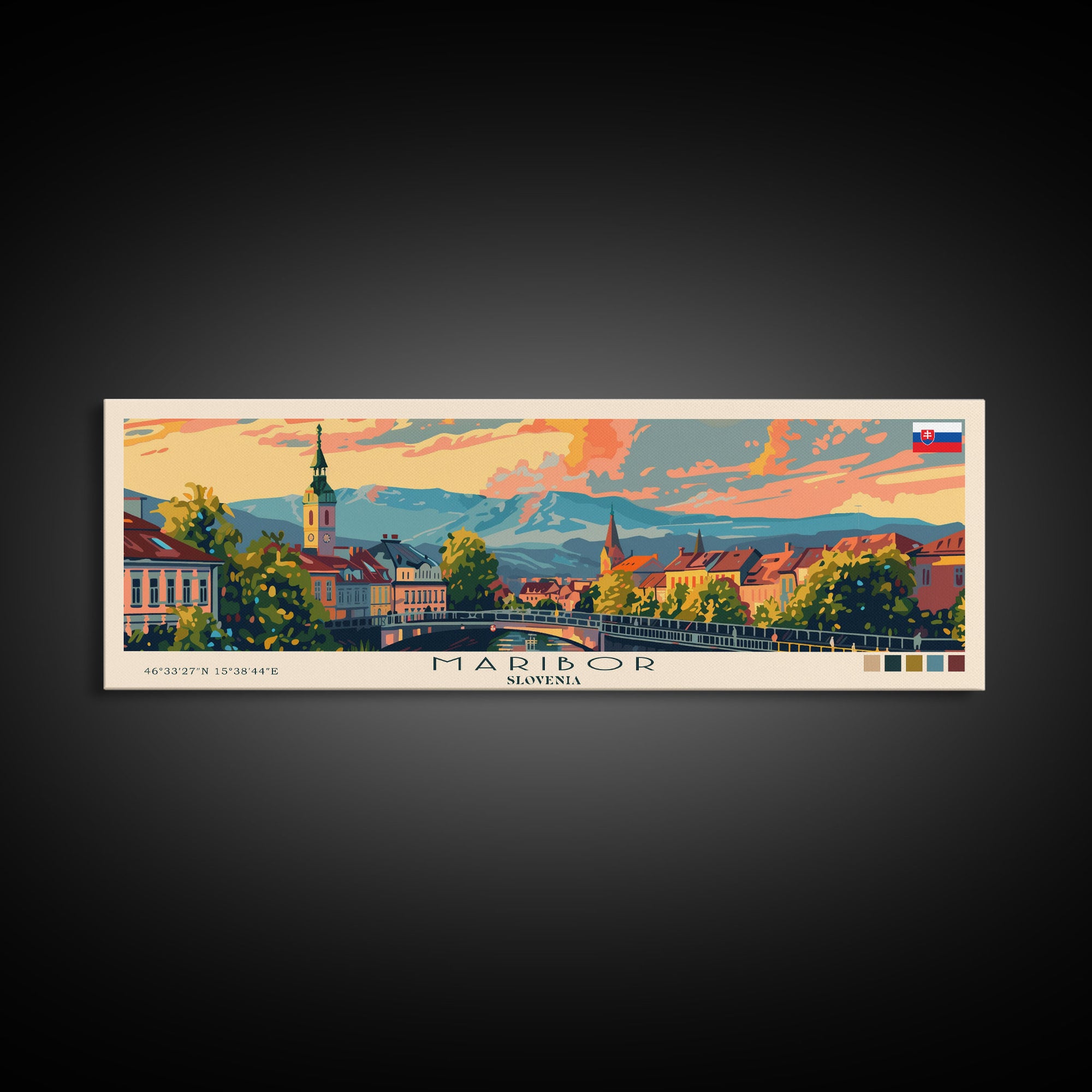 Maribor Slovenia Panoramic Travel Poster, Framed Canvas Print or Metal Wall Art, Travel Art, Home Decor, Panoramic Painting, Midcentury Art