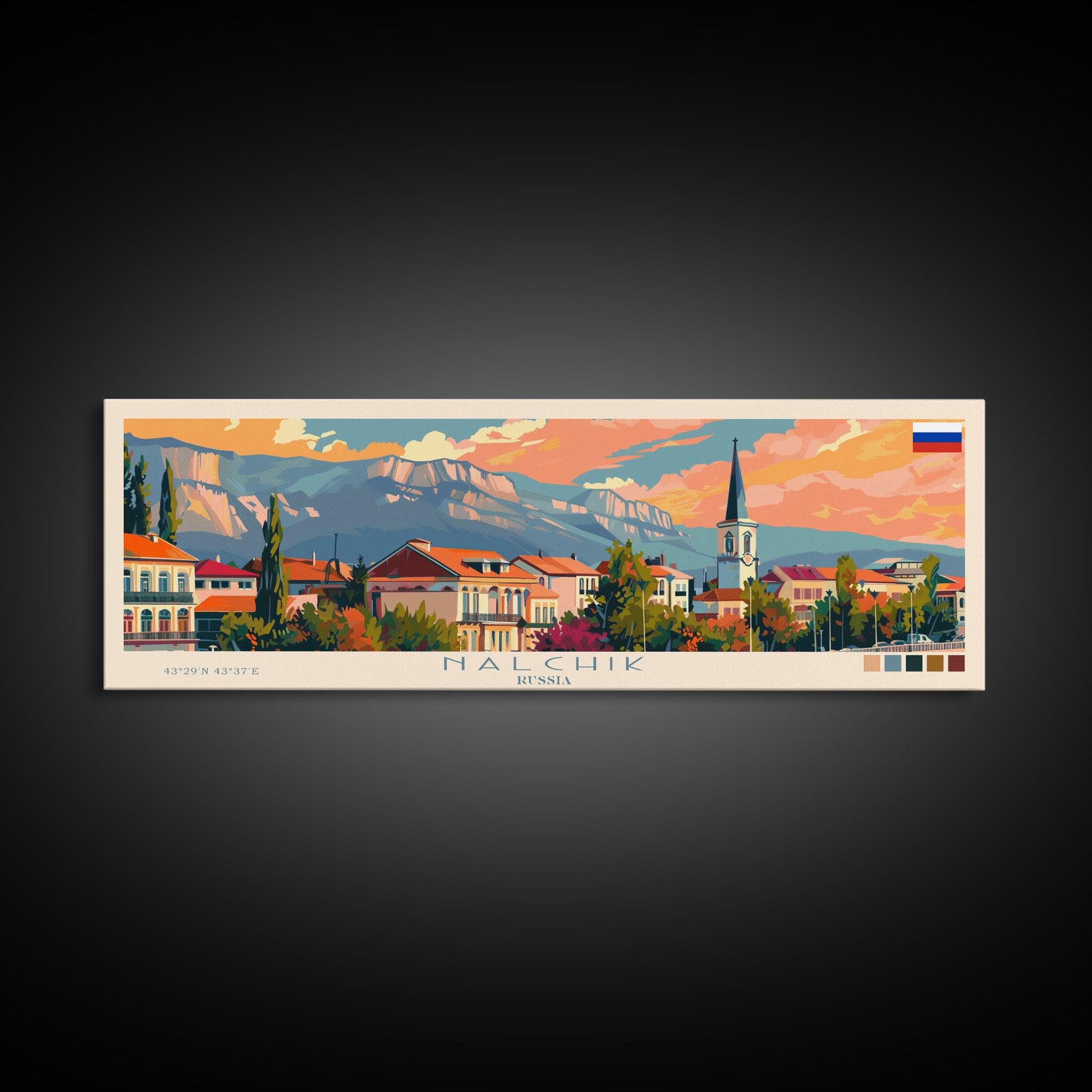 Nalchik Russia Panoramic Travel Poster, Framed Canvas Print or Metal Wall Art, Travel Art, Home Decor, Panoramic Painting, Midcentury Art