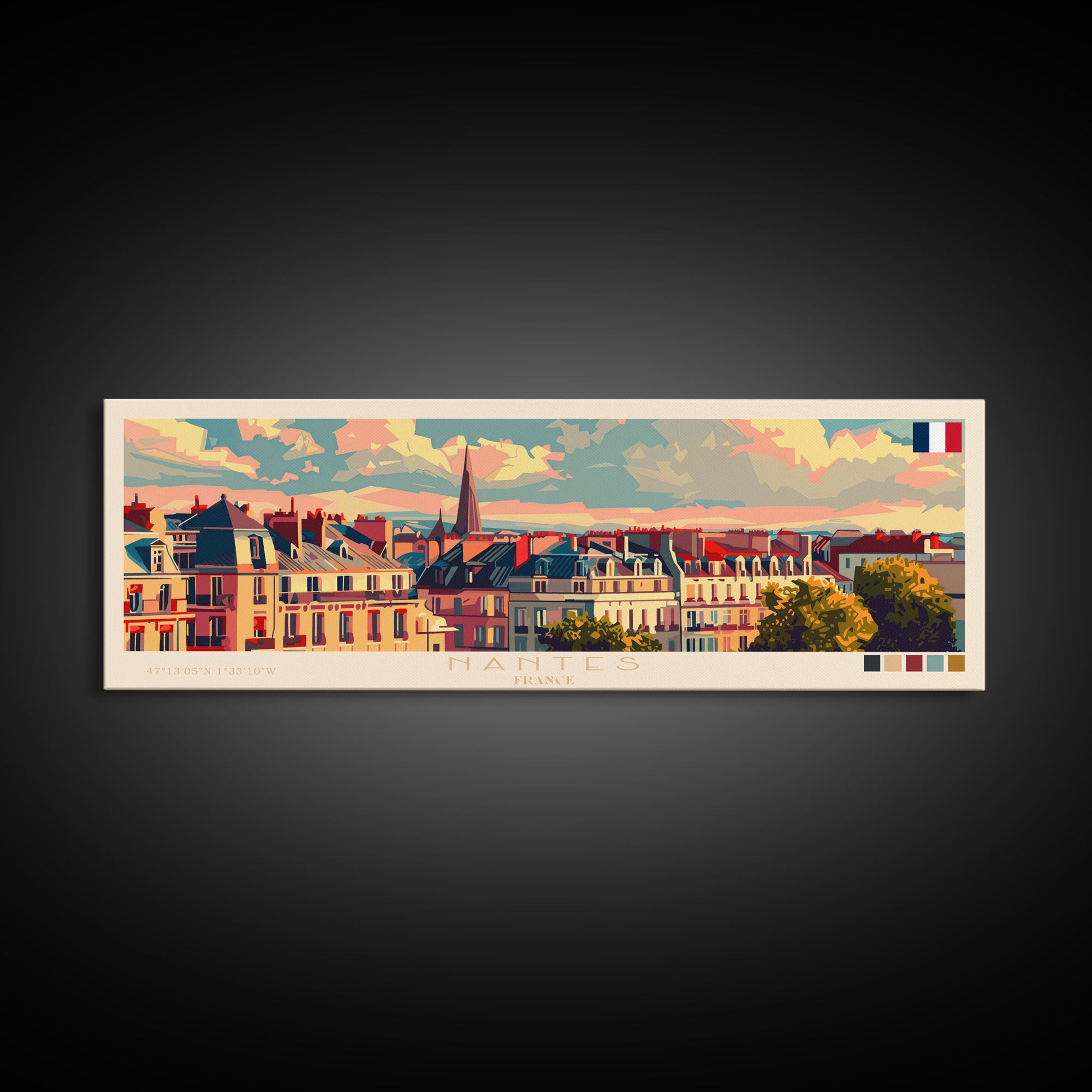 Nantes France Travel Print Wall Art, Panoramic City Art, Travel Art, Wall Decor, Vacation Gift, Framed Canvas Print Or Metal Art