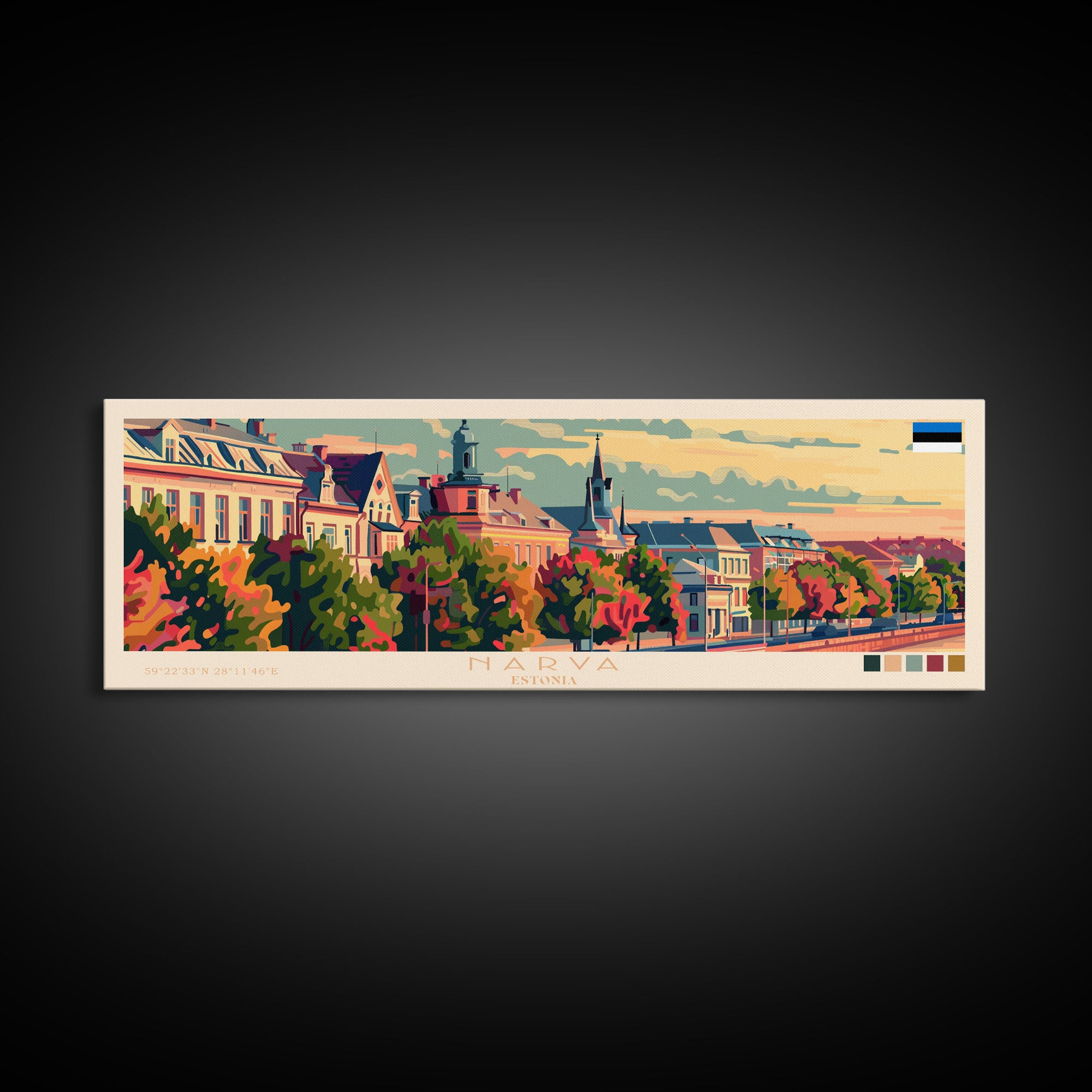 Narva Estonia Panoramic Travel Poster, Framed Canvas Print or Metal Wall Art, Travel Art, Home Decor, Panoramic Painting, Midcentury Art