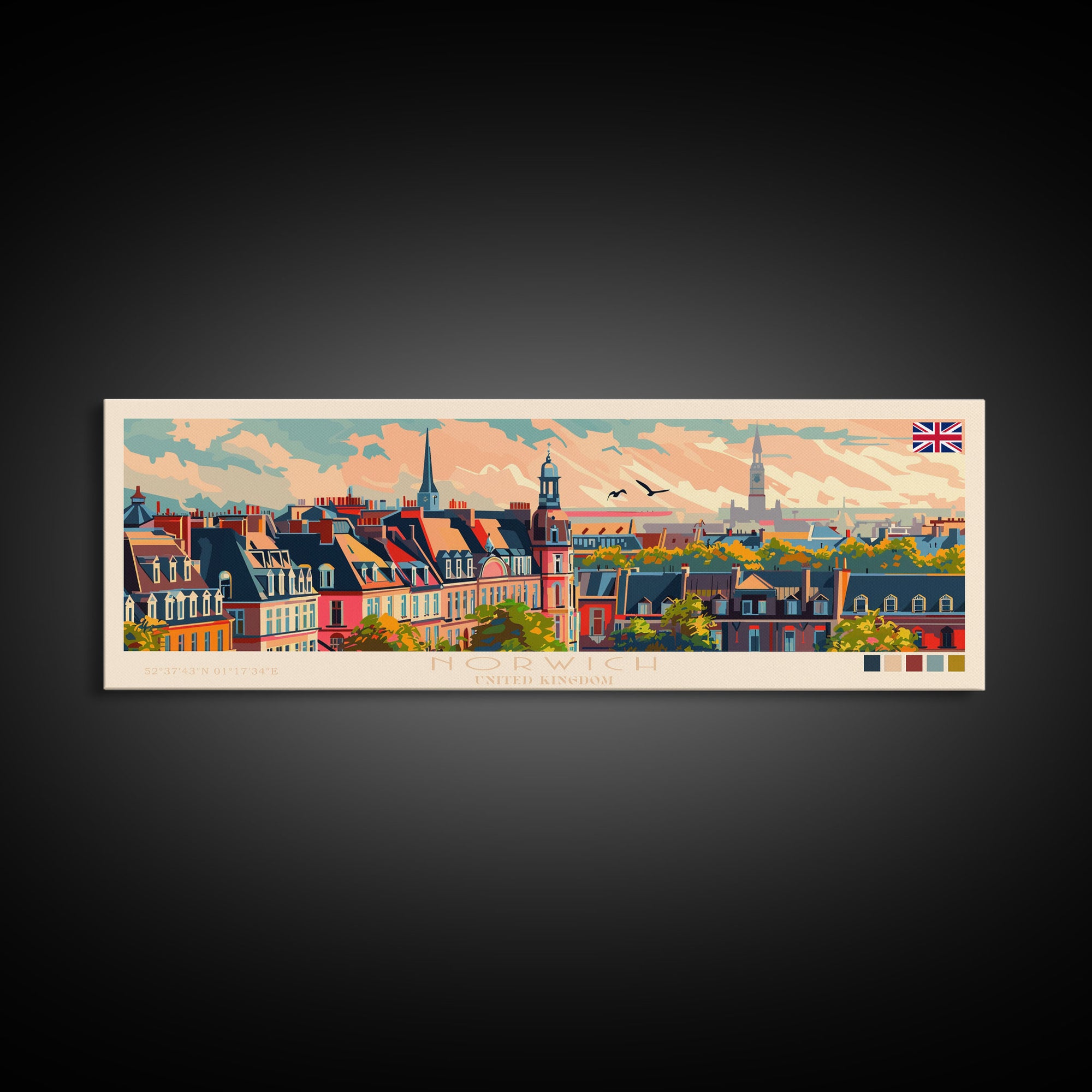 Norwich United Kingdom Panoramic Travel Poster, Framed Canvas Print or Metal Wall Art, Travel Art, Home Decor, Panoramic Painting, Midcentury Art