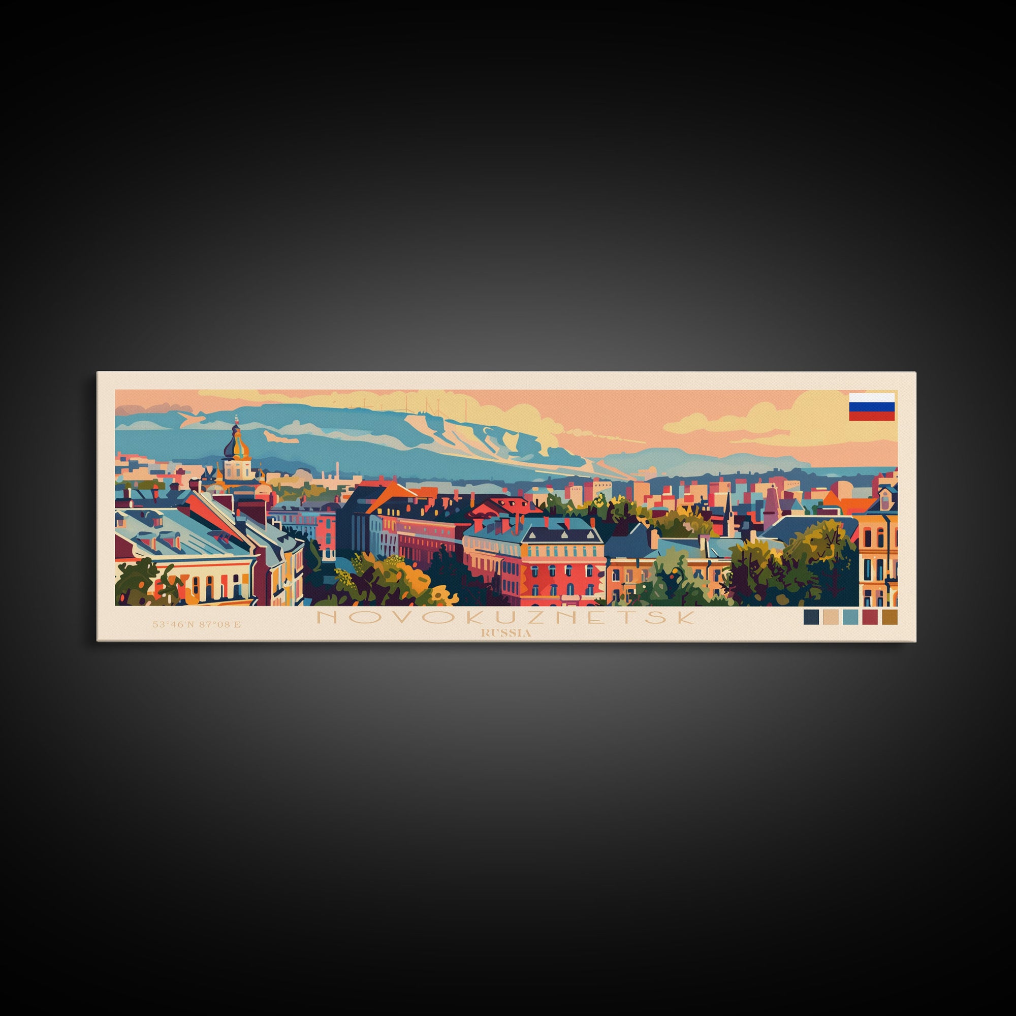 Novokuznetsk Russia Panoramic Travel Poster, Framed Canvas Print or Metal Wall Art, Travel Art, Home Decor, Panoramic Painting, Midcentury Art