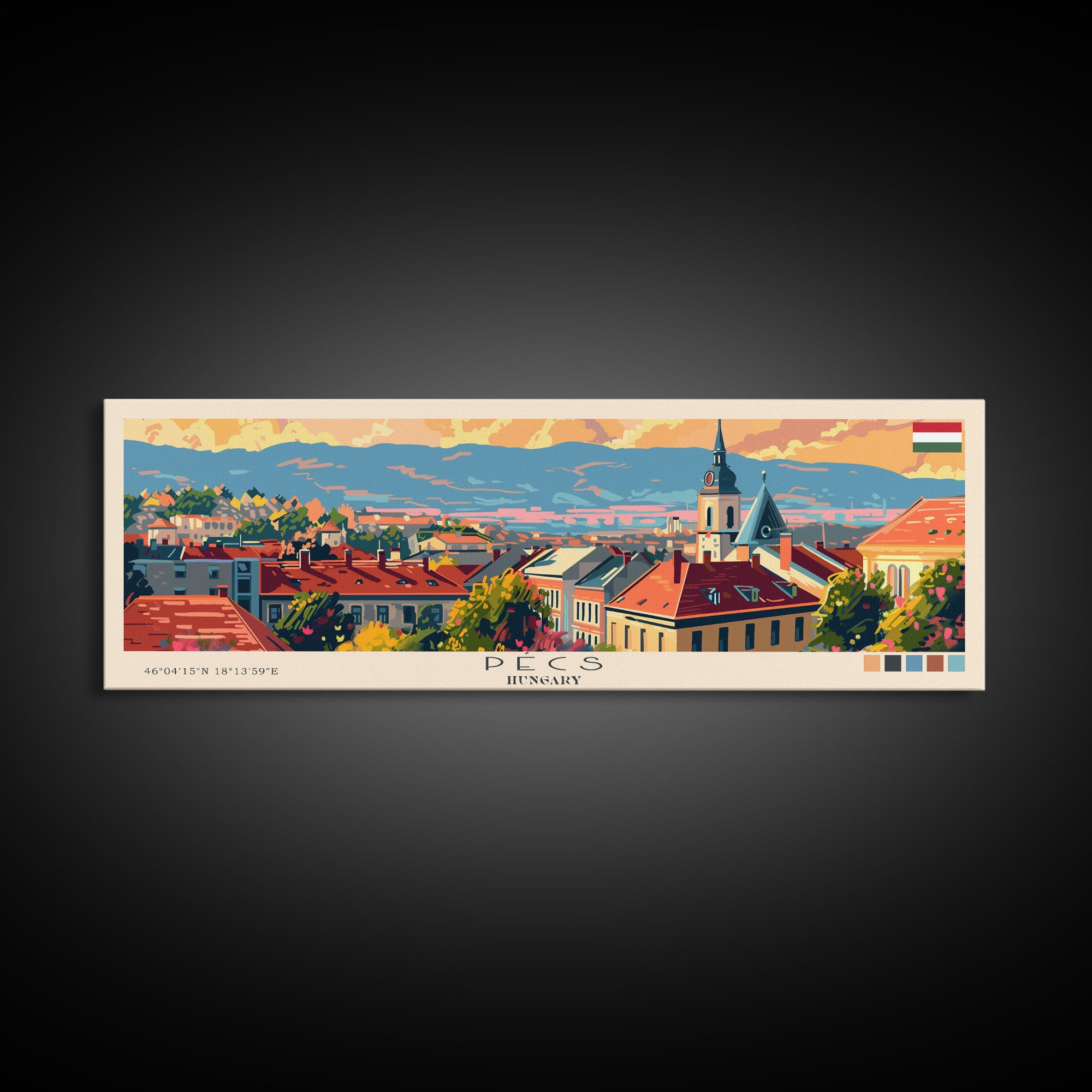 Pécs Hungary Panoramic Travel Poster, Framed Canvas Print or Metal Wall Art, Travel Art, Home Decor, Panoramic Painting, Midcentury Art