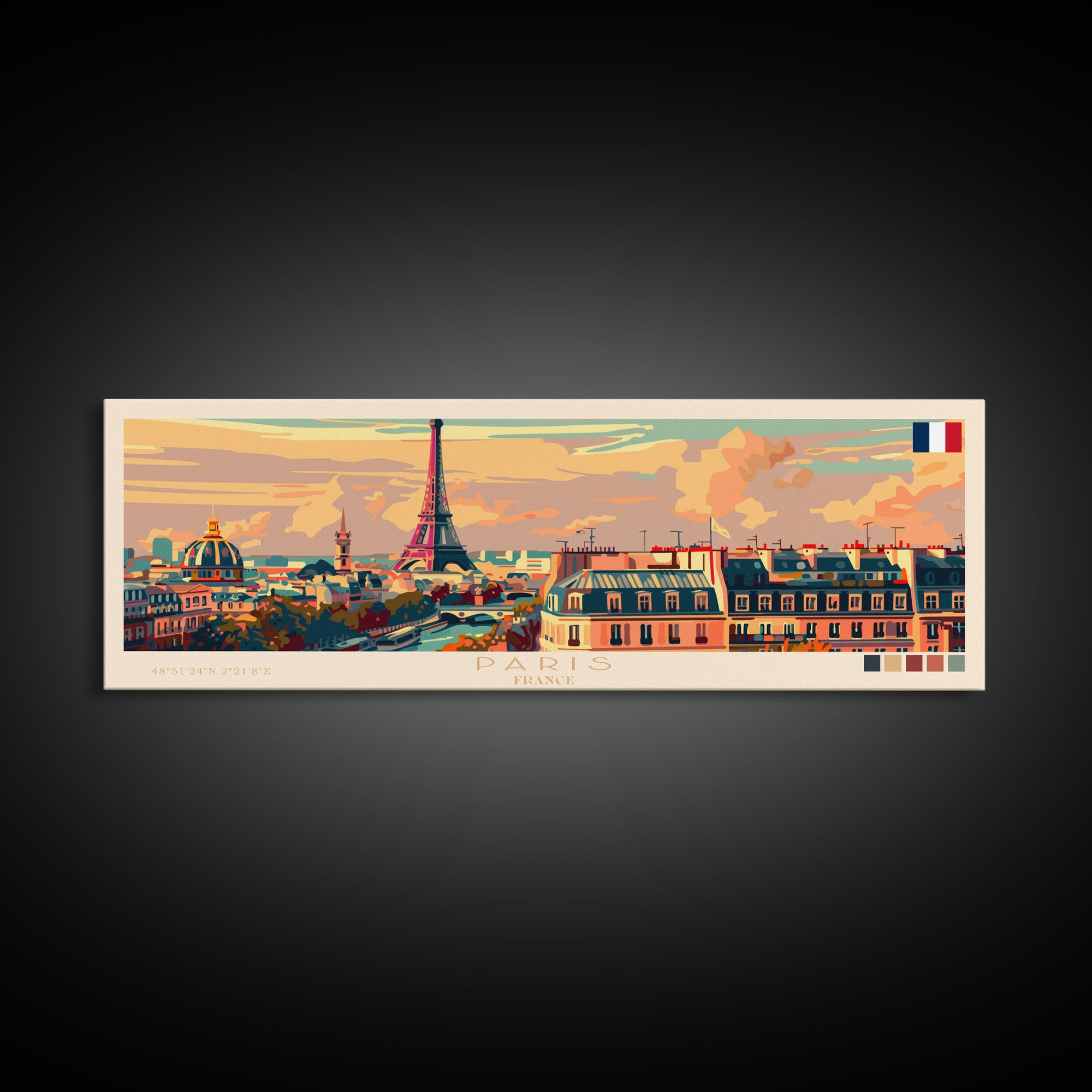 Paris France Panoramic Travel Poster, Framed Canvas Print or Metal Wall Art, Travel Art, Home Decor, Panoramic Painting, Midcentury Art